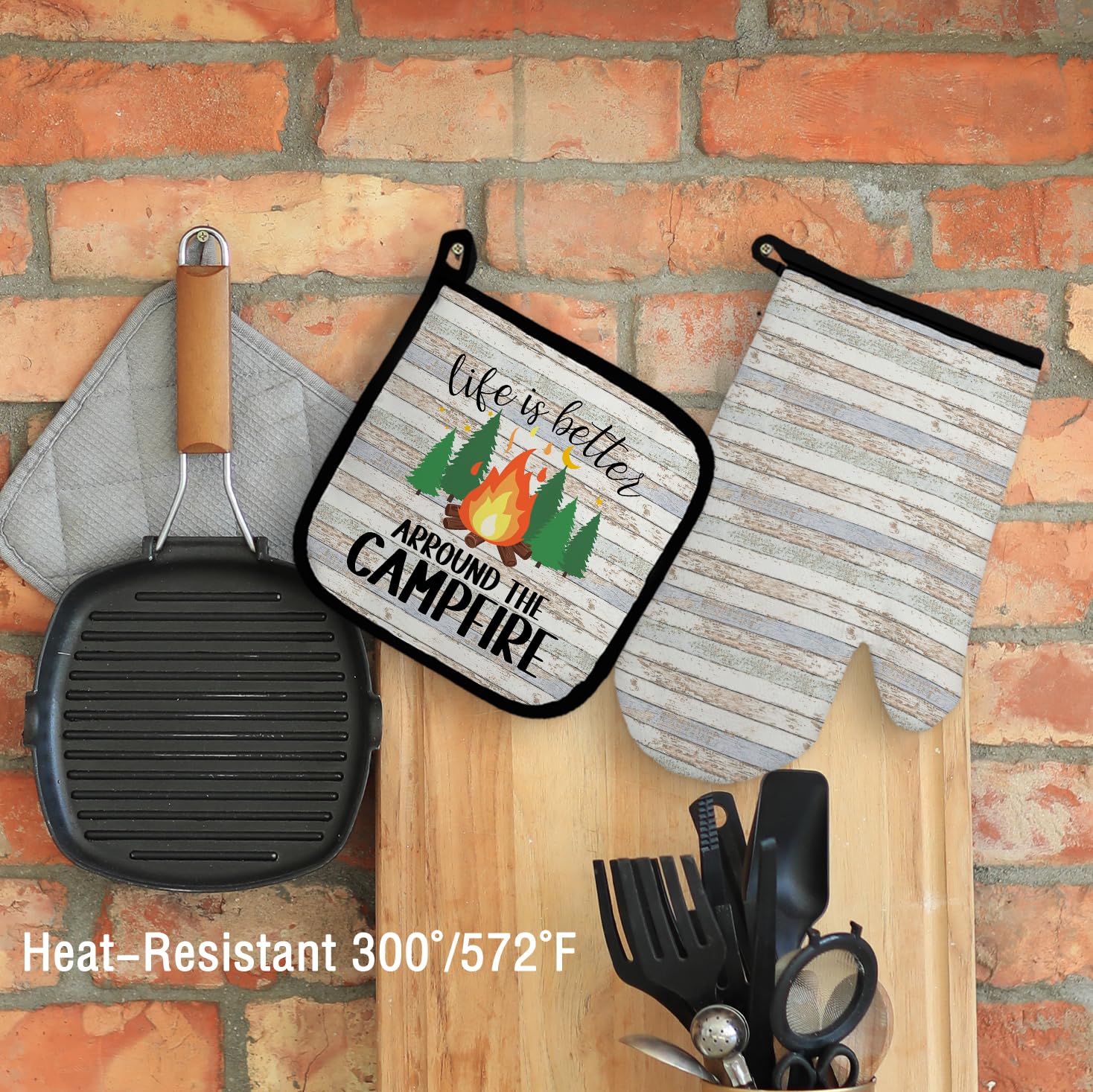 Juego de manoplas para horno y soportes para ollas de campamento, poliéster, 100%, negro, blanco, 10.5 x 5.5 pulgadas, 8 x 8 pulgadas, mano, soporte para ollas, juego de guantes de horno 3