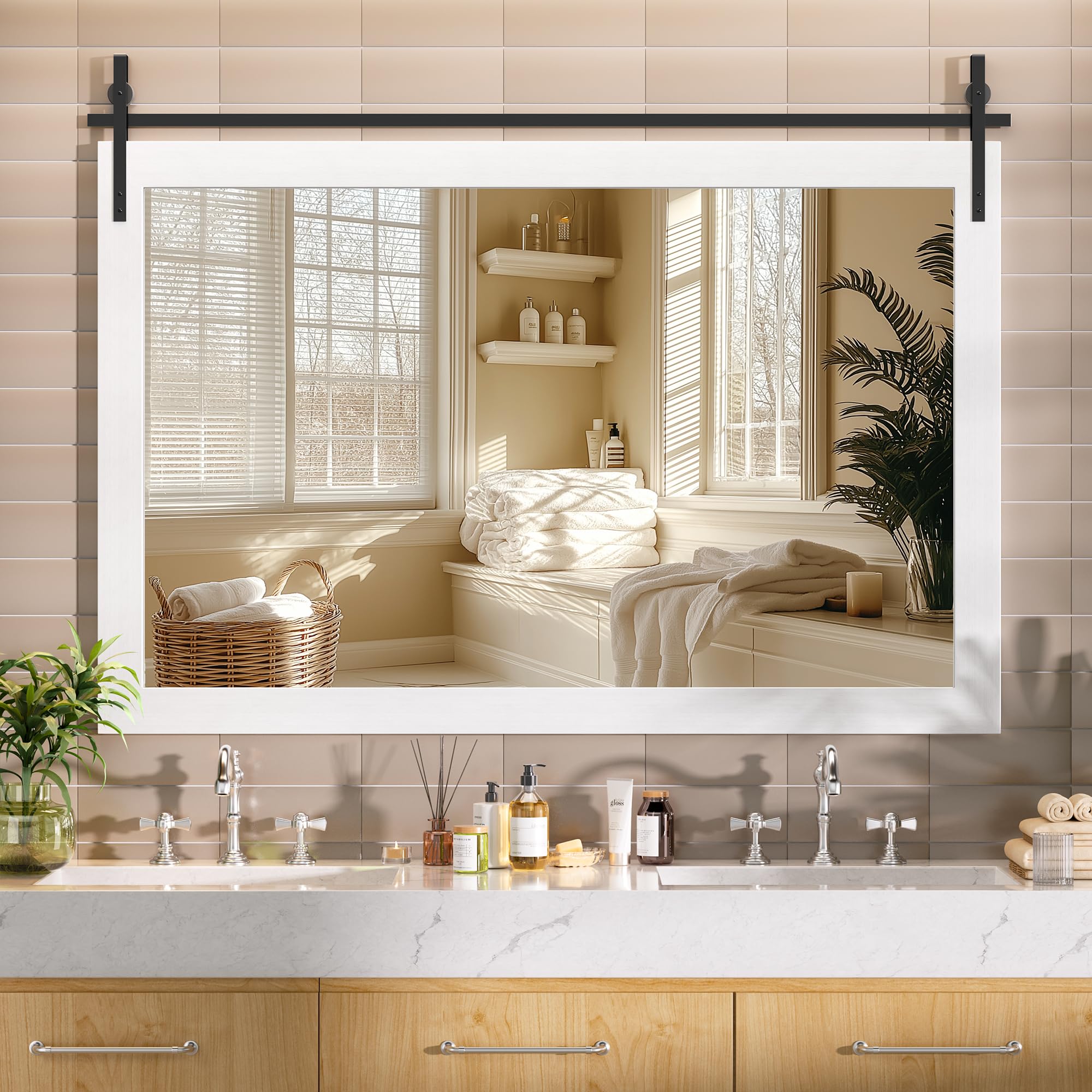 hasipu farmhouse bathroom mirror, 55"x36" rustic wood framed wall mounted mirror, white vintage vanity mirror barn door style decrative mirrors