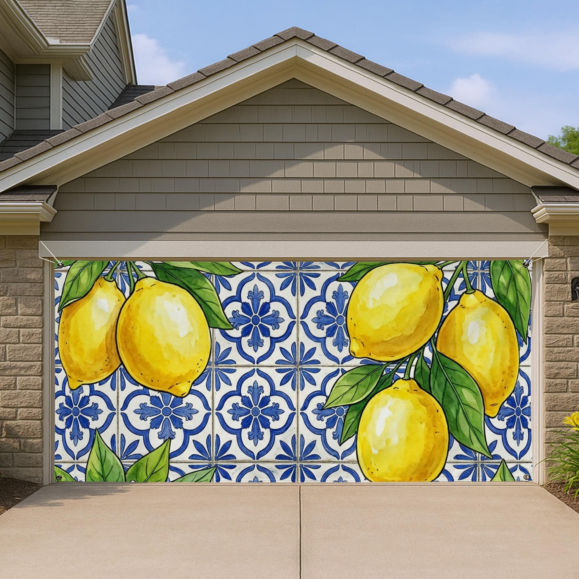 Housse de porte de garage motif floral de citron style vintage bleu à carreaux chic 397cm