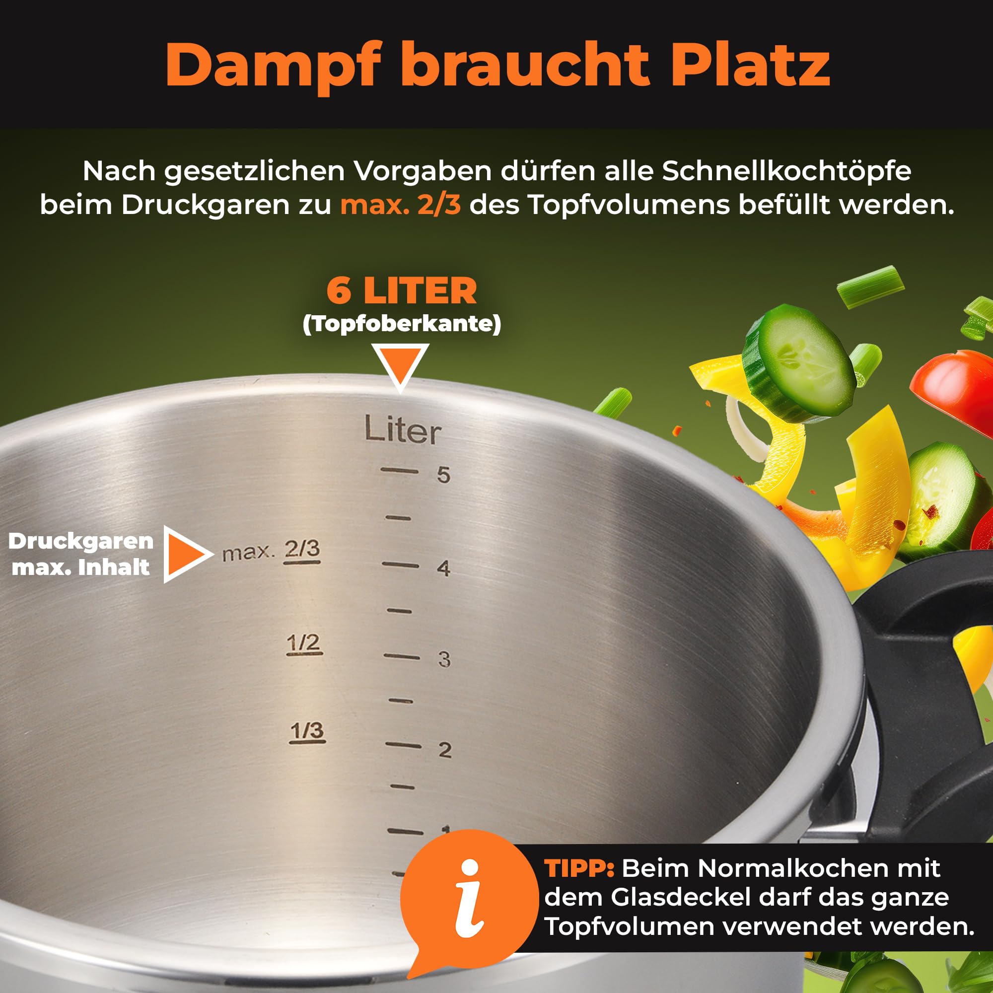 QUIXO Schnellkochtopf 6L VitaSmart mit Kochzeitsignal für alle Herdarten [NEU mit Füllmengenmarkierung] Dampfkochtopf mit 2 Garstufen (6L + Garkorb)