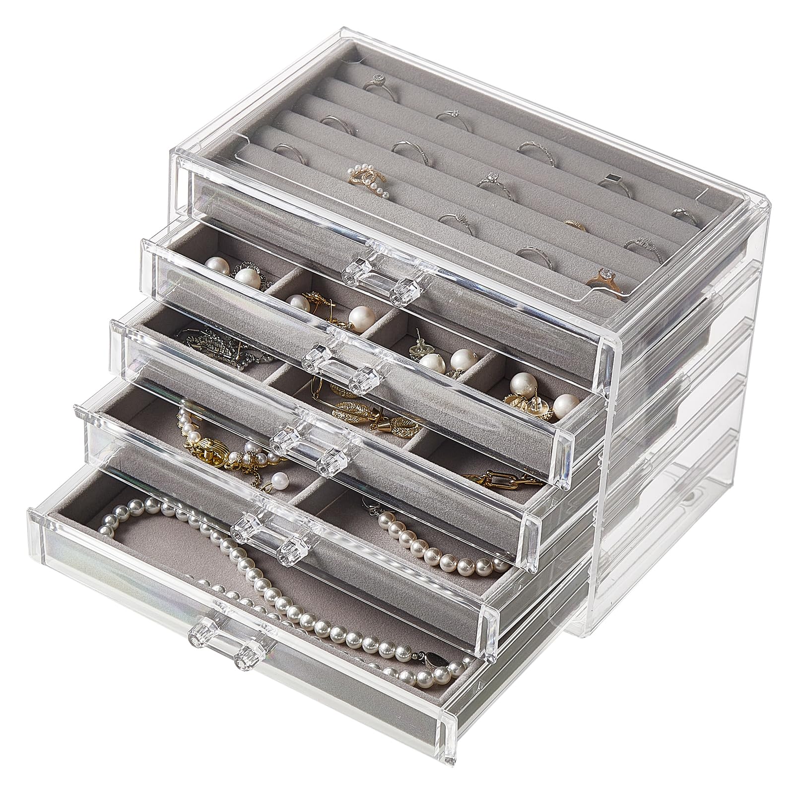 Acrylic Jewelry Box with 5 Drawers Clear Earring Holder Organizer Rings Display Case with Adjustable Velvet Trays for