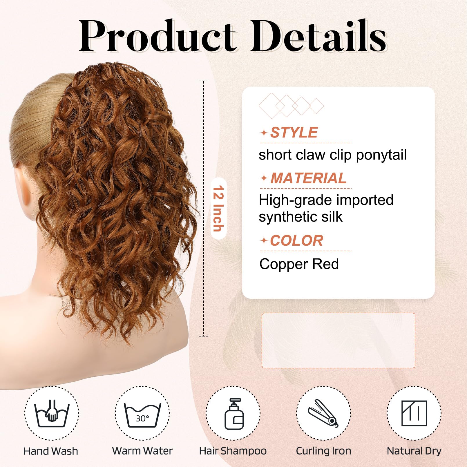 Flufymooz 12" Short Claw Ponytail Extension Wavy Curly Jaw Clip in Pony tails Hair Extension Natural Synthetic Hairpiece for Women (Copper Red) - Image 3