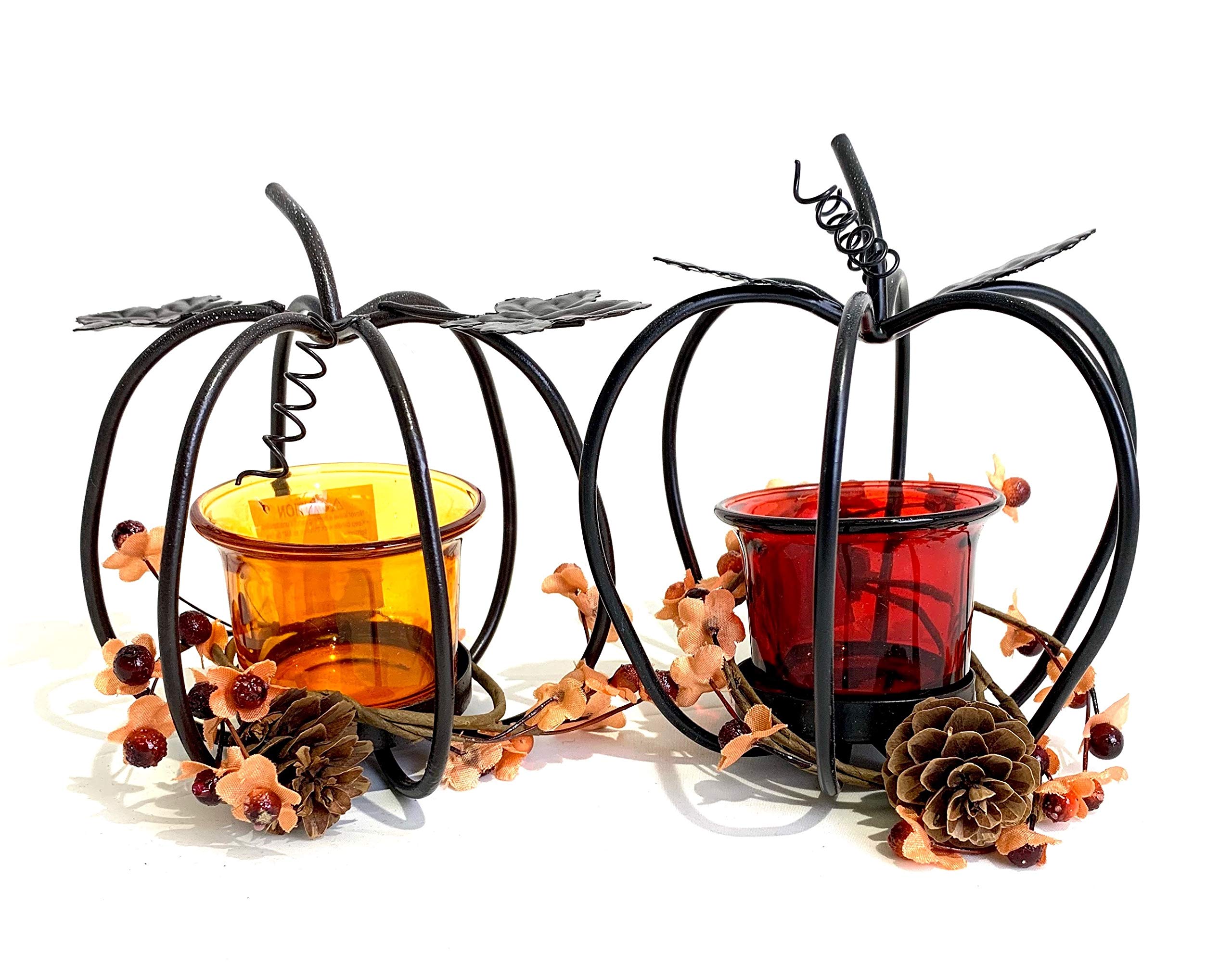 Autumn Pumpkin Metal & Glass Candle Holder 2-Piece Set
