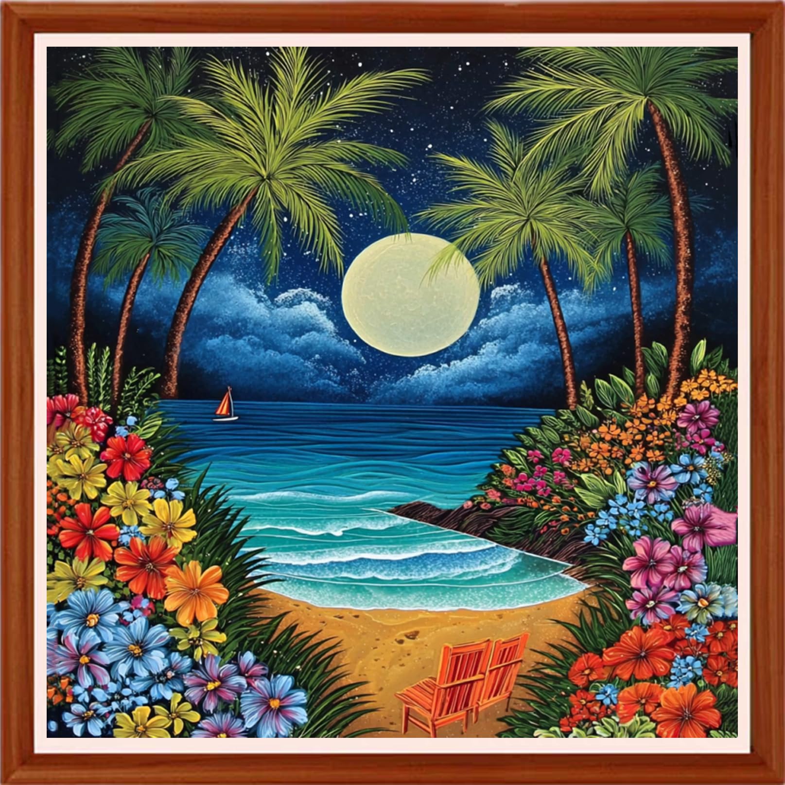 Hopeart Stamped Cross Stitch Kits for Beginner Embroidery Kits for Beginners Adults DIY 11CT Cross Stitch Patterns Needlepoint Kits Crossstitching Kits-Seaside Moon Scenery 18x18 inchs