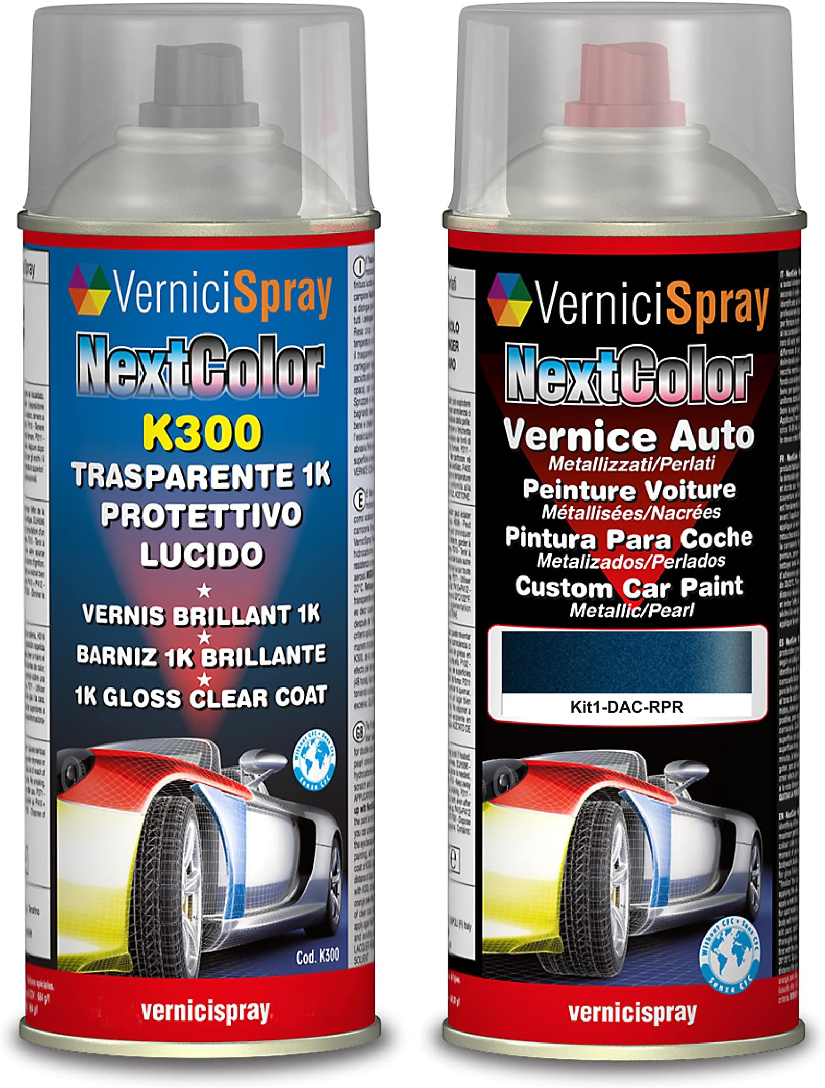 Automotive Touch Up Kit - Car spray paint in metallic/pearl colour RPR BLEU COSMOS MET and Gloss Clear Coat, 400 ml Spraycans by VerniciSpray