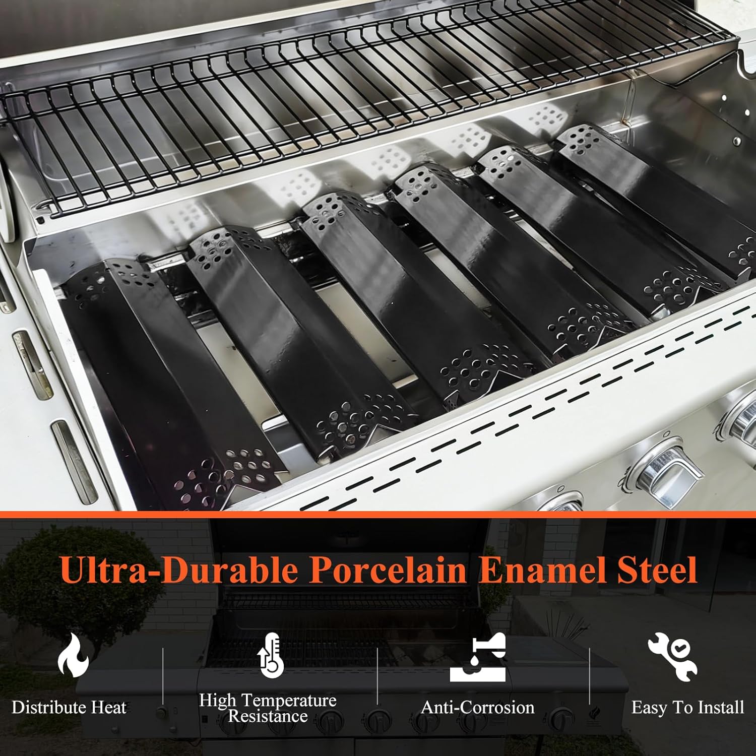 Hisencn Grill Parts for Nexgrill 6 Burner 720-0896X, 720-0898, 720-0898A, 730-0898, 730-0898A Gas Grill Models, Porcelain Steel Heat Plate Flame Tamer, Cast Iron Grill Grates, 17" x 33 3/8"