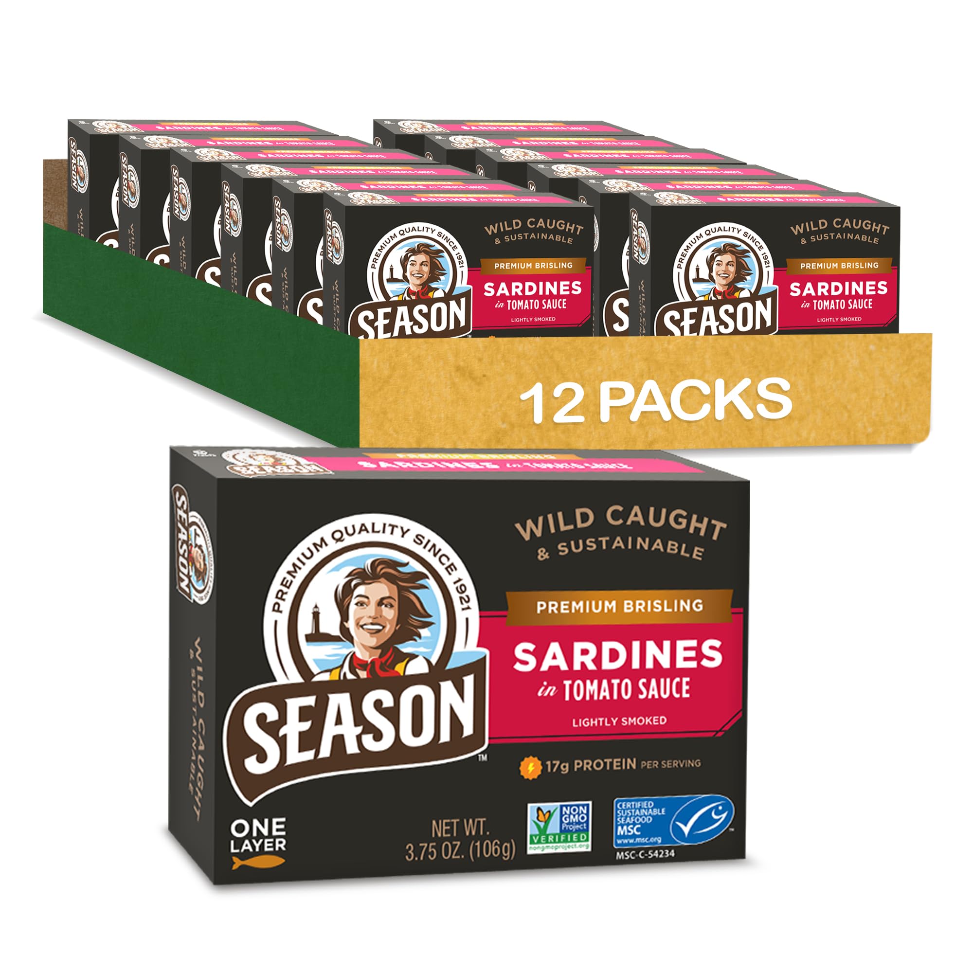 Brisling Sardines in Tomato Sauce - Wild Caught, 17g of Protein, Keto Snacks, More Omega 3's Than Tuna, Kosher, High in Calcium, Canned Sardines - 3.75 Oz Tins, 12-Pack
