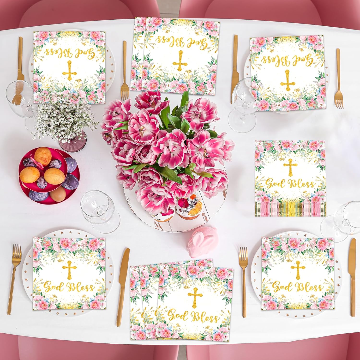 100Pcs God Bless Flower Napkins Baptism Paper Napkins Pink Floral Disposable Napkin First Holy Communion Party Decors for Mi Bautizo Christening Celebration Baby Shower Religious Party Supplies