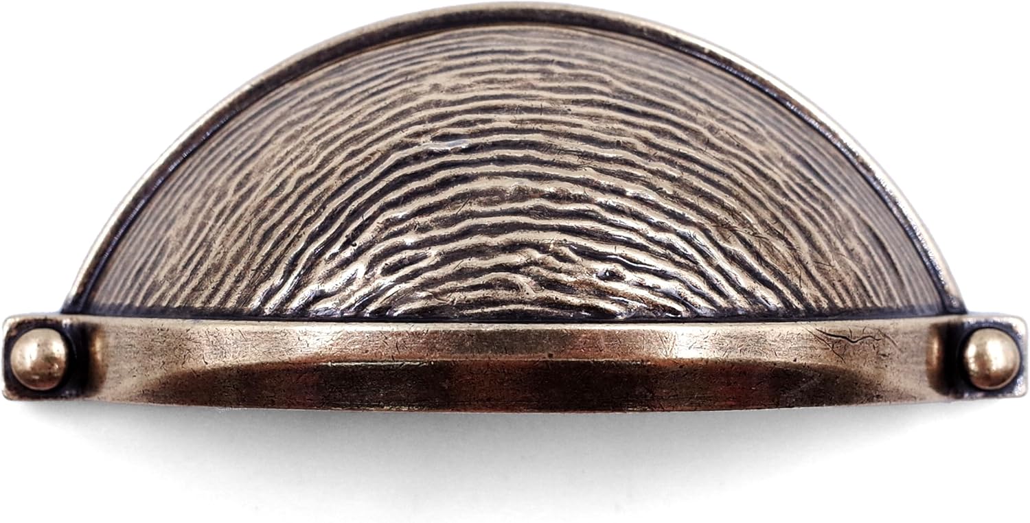 JETLAND Cabinet Hardware Cup Pulls - 6 Pack, Antique Brass Molten Texture, 3" Hole Centers, Vintage Pulls for Drawer Dresser Nightstand, CP0802AB076