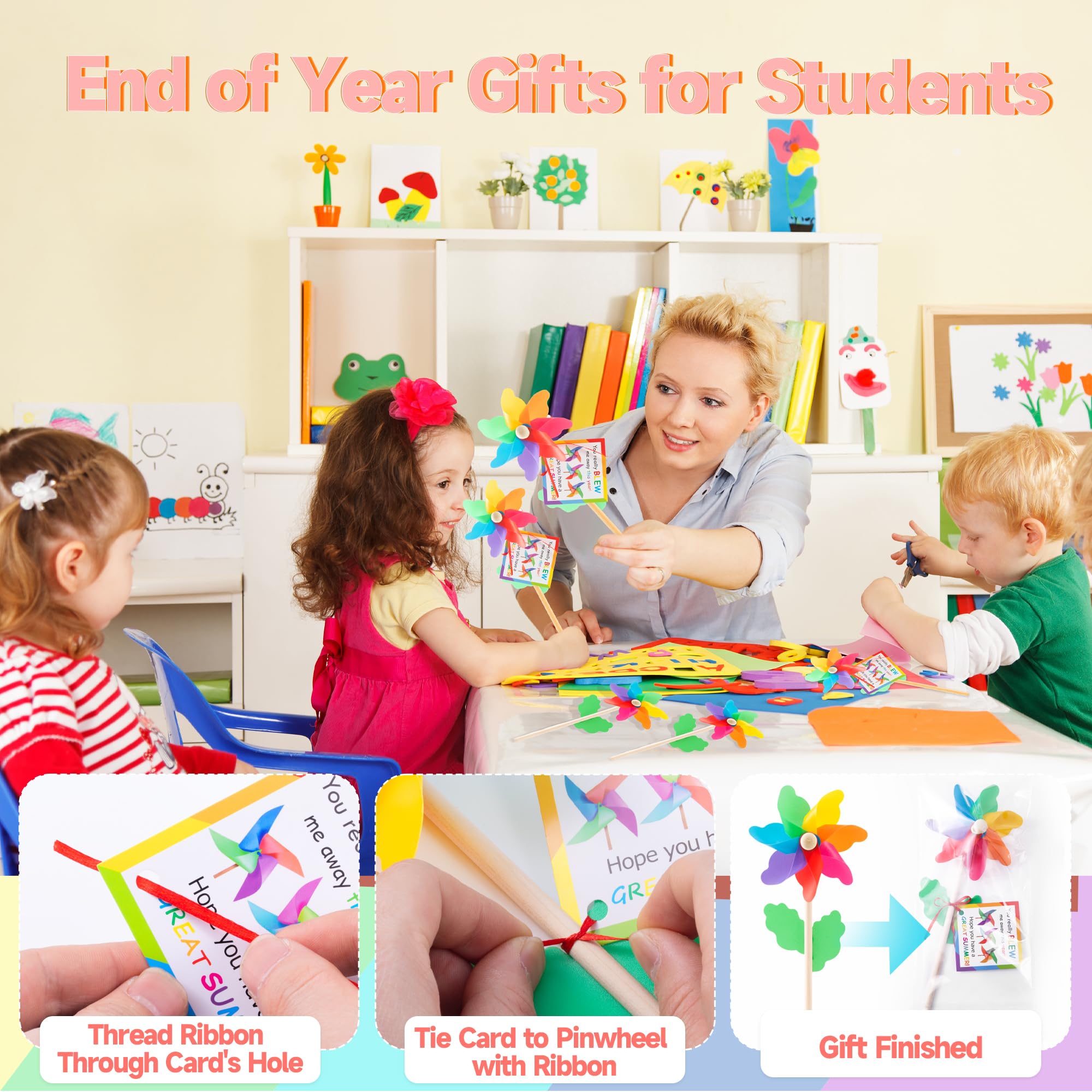 24 Pack End of Year Gifts Pinwheels for Kids Students Rainbow Flower Wind Spinners for Yard and Garden with 24 Pcs Cards and 16 ft Silk Ribbon,Wind Sculptures for Outdoor Decorations Party Favors - Image 3