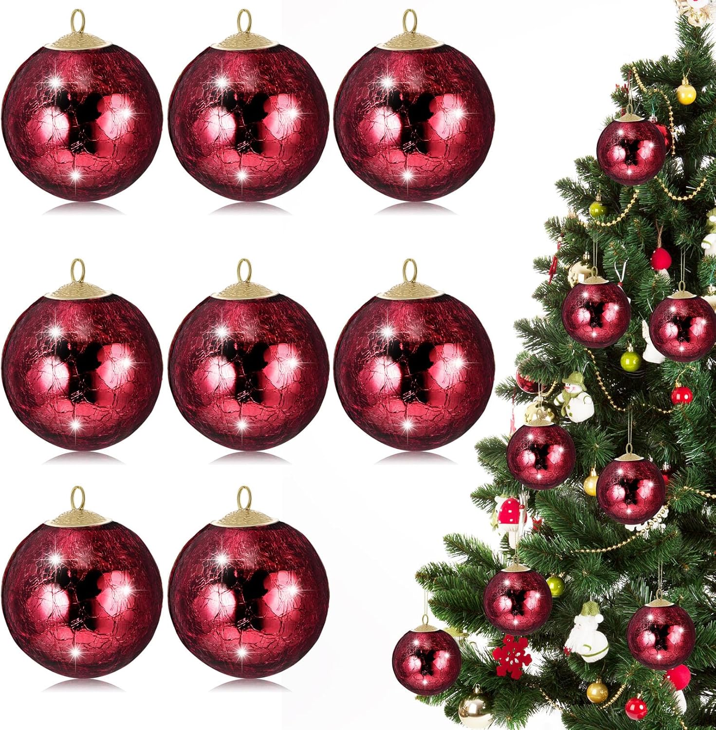 maxcheck 9 pcs christmas glass ball ornaments 3.15 inch vintage christmas tree crackle balls retro xmas hanging ornament with hanging loop for xmas tree home winter party decorations(wine red)