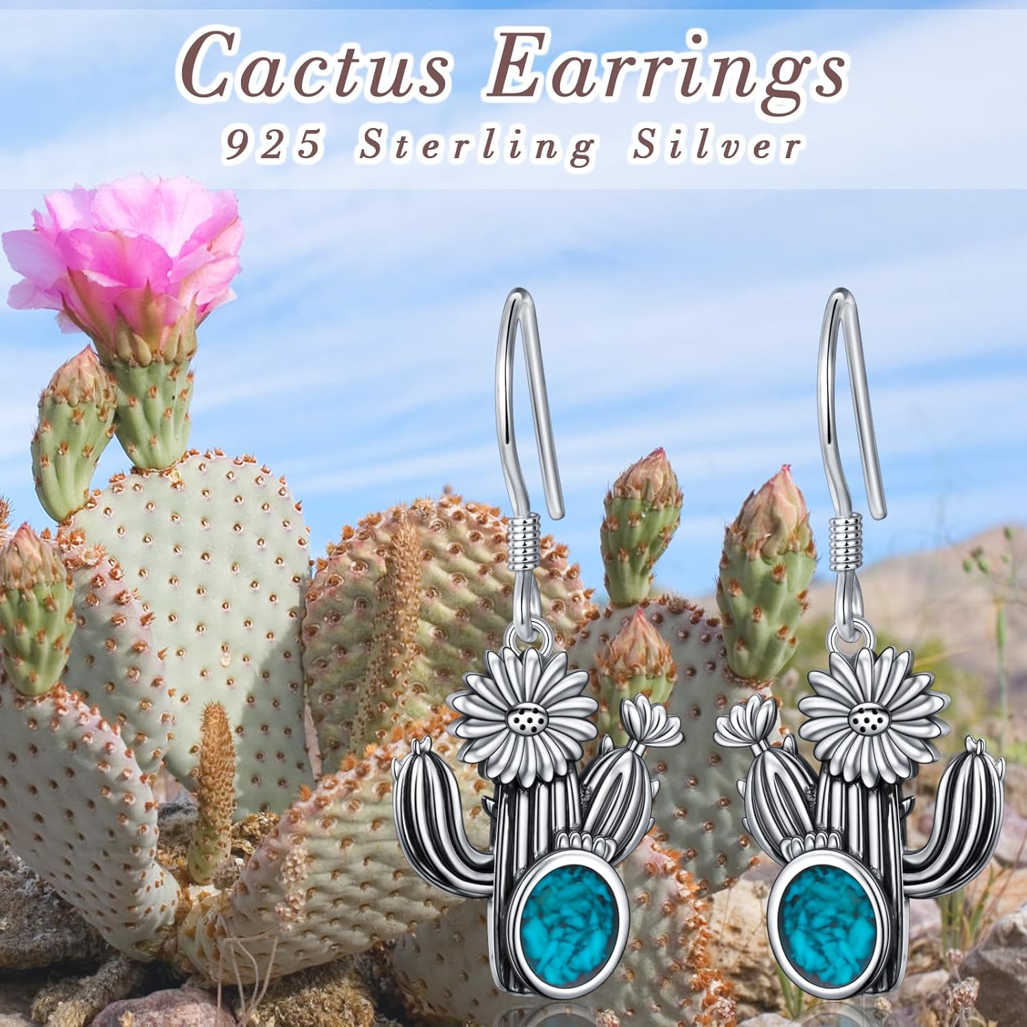 Western Earrings for Women 925 Sterling Silver Synthetic Turquoise Western Country Dangle Drop Cactus Earrings Country Jewelry Gifts for Women Cowboy - Image 4