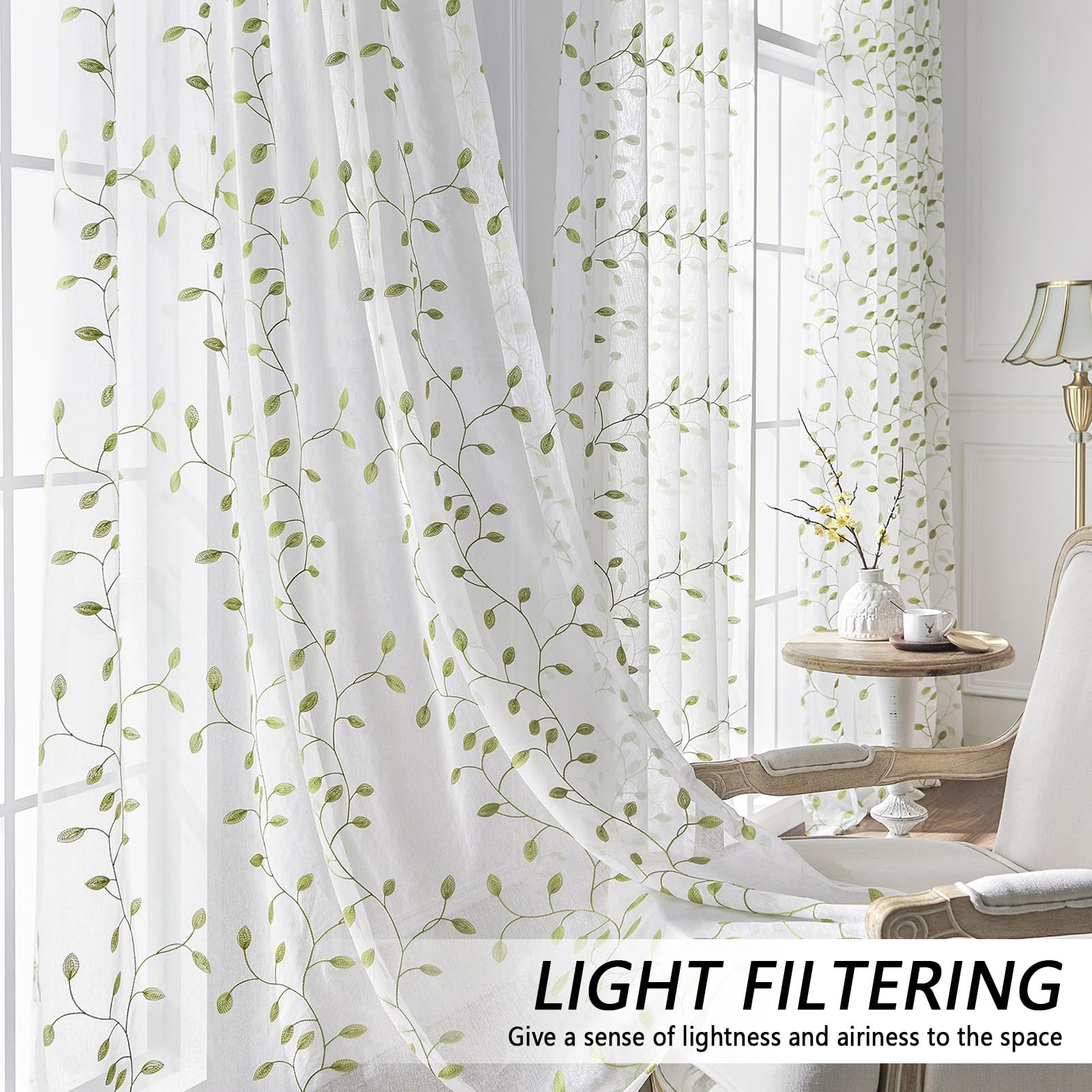 LONGCAO Tende Trasparenti 80 x 200 cm Set 2 Pannelli in Voile Morbido 100% Poliestere Traslucido Verde
