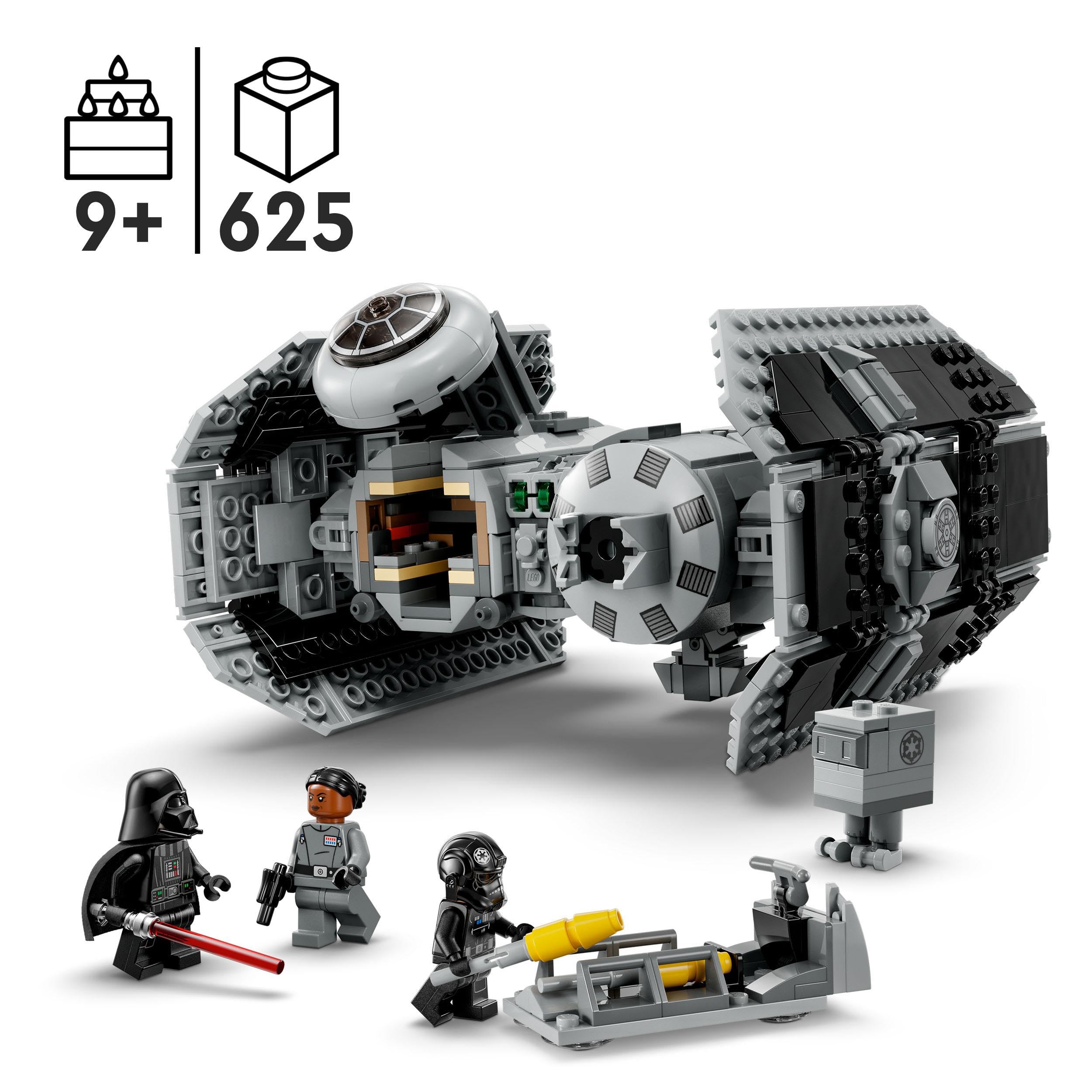 LEGO Star Wars Bombowiec TIE Model z Klocków, Zabawka dla Dziecka, Statek Gwiezdny z Minifigurką Dartha Vadera z Mieczem Świetlnym i Figurką Droida GNK, Pomysł na Prezent, 75347