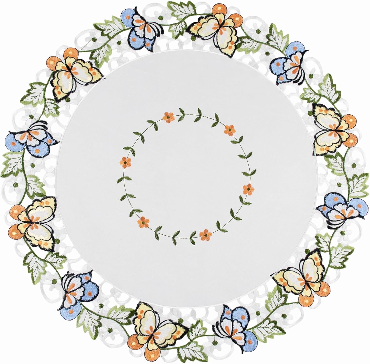 LINENS ART AND THINGS Round Doily Embroidered Colorful Butterfly on Ivory Placemat (23 Inch Round)