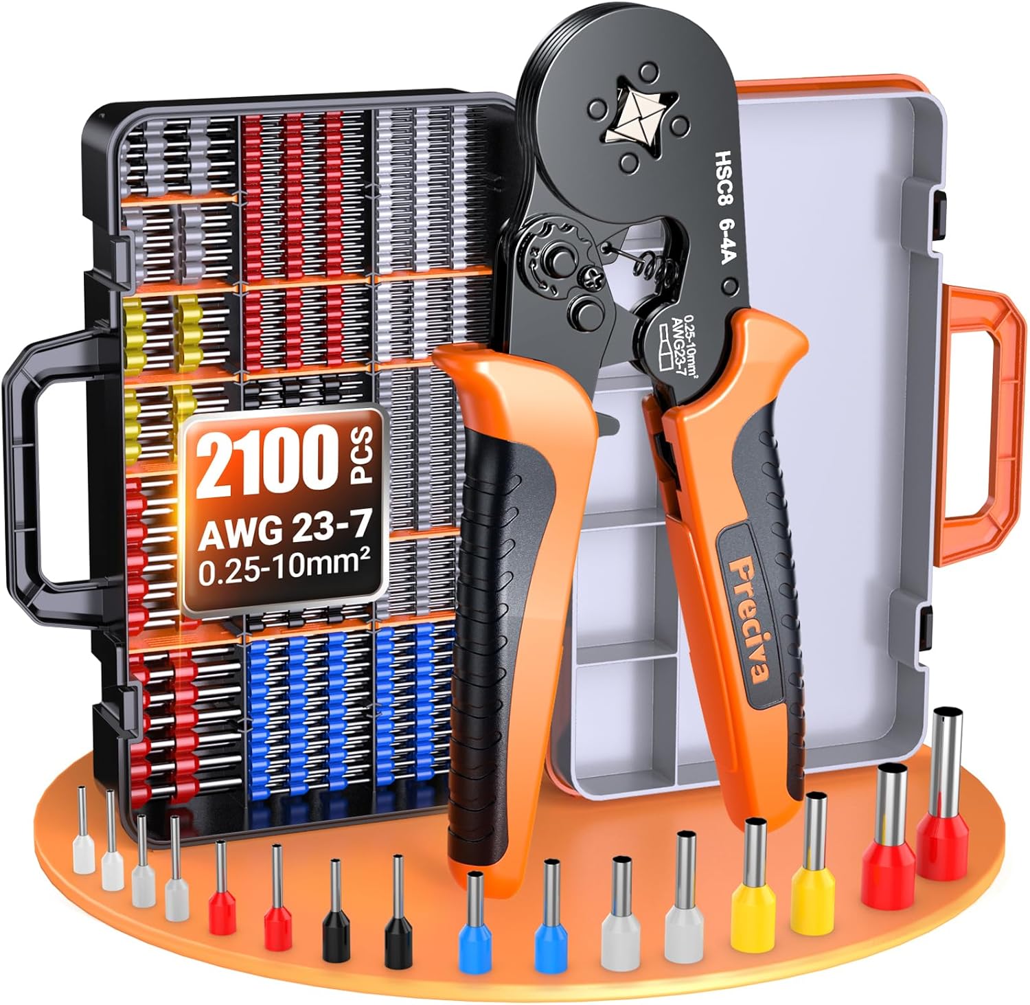Preciva 2100PCS Ferrule Crimping Tool Kit, AWG 23-7 (0.25-10mm²) Self-Adjusting Ratchet Ferrule Crimping Tool with Storage Case - Quadrilateral Wire Crimp Pliers for Electrical, Car, Audio & DIY