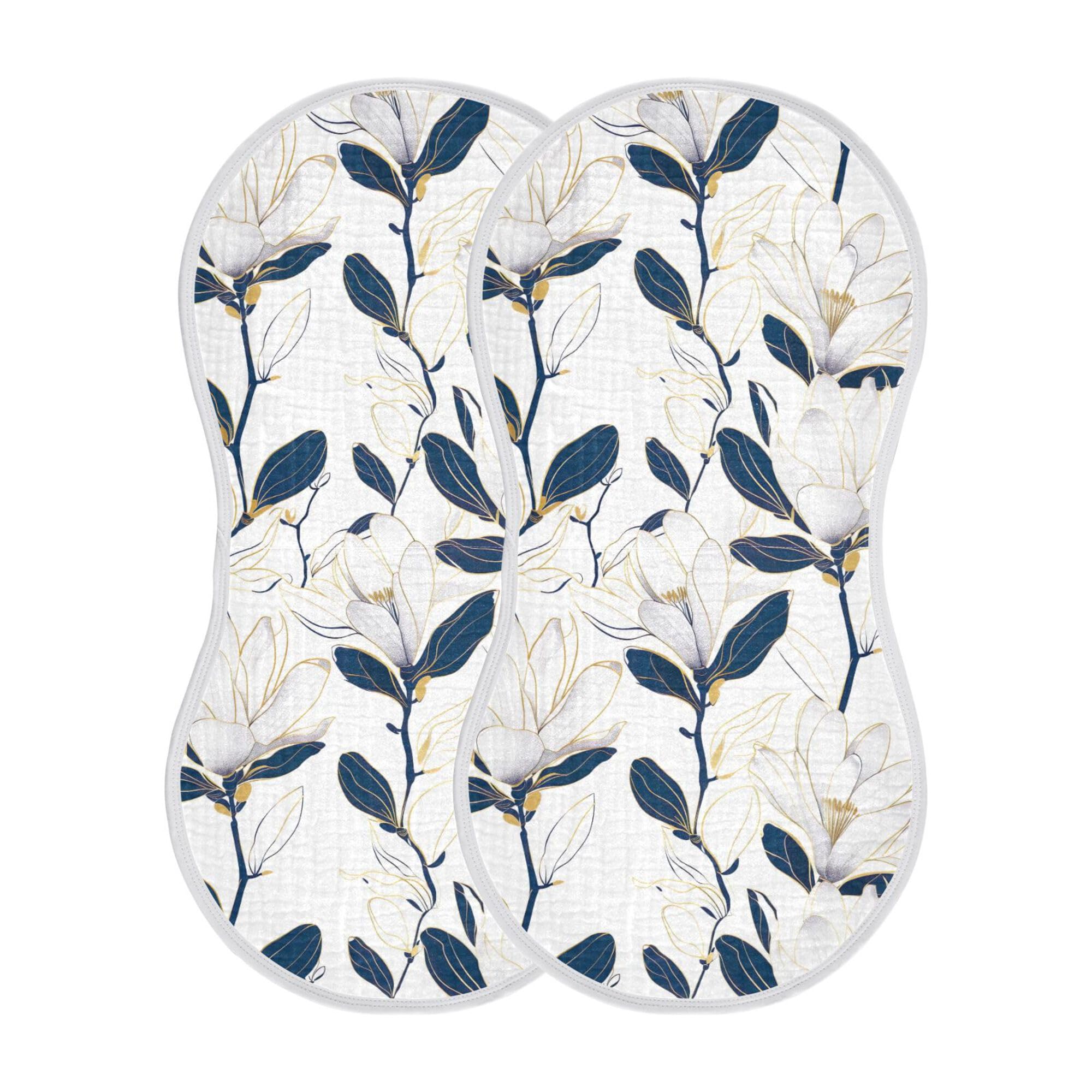 Kigai White Lotus Flower Burp Cloths for Baby 2 PCS Ultra Soft & Absorbent Muslin Burping Cloths Newborn Spit Up Rags for Boys & Girls, 11x22 inch