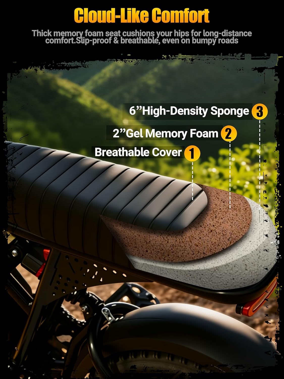 Skerspjūvis view of the ESKUTE V100 electric bike's seat, showing layers of breathable cover, gel memory foam, and high-density sponge for comfort.
