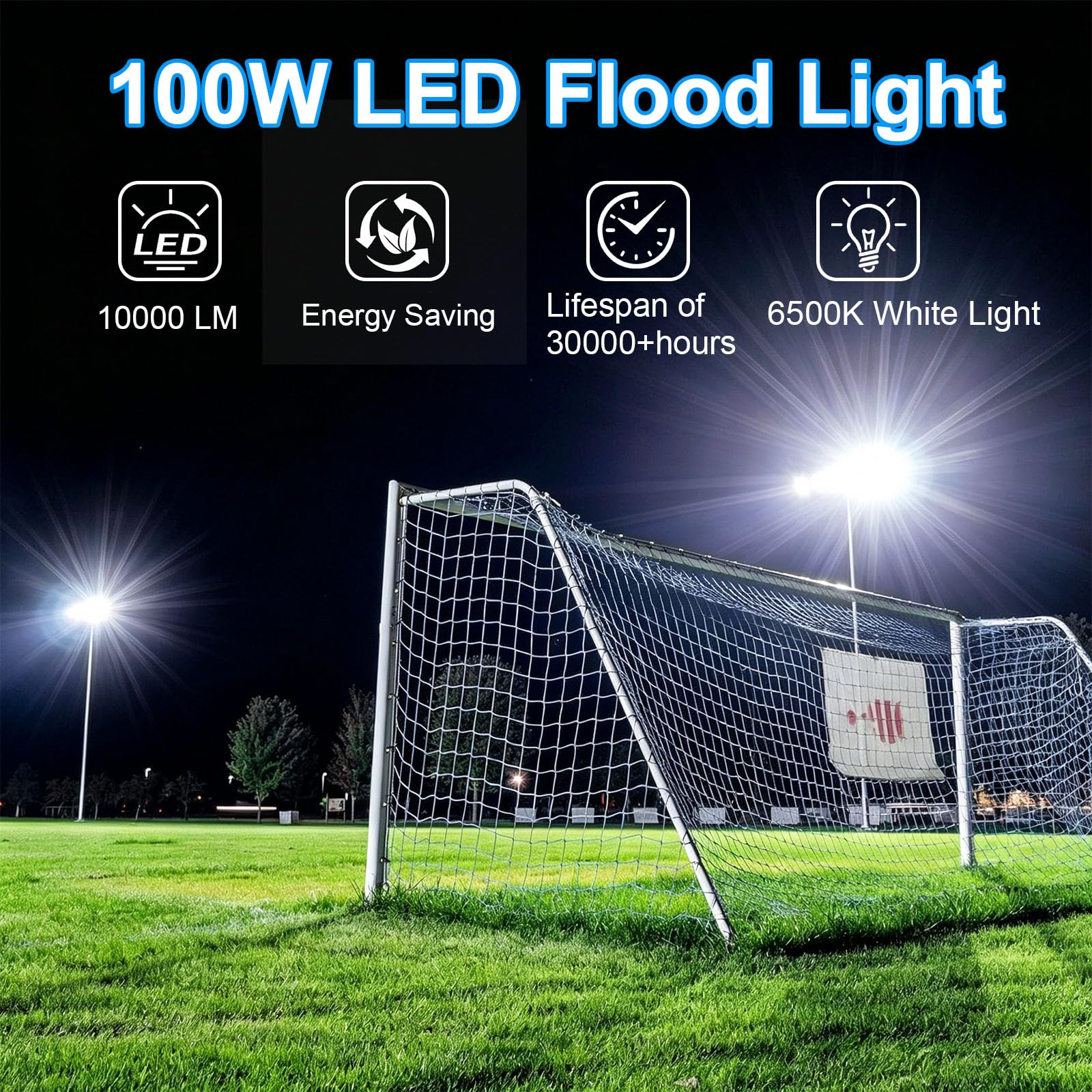 2 Piezas Focos LED Exterior 100W, Resistente al Agua IP66 Foco Proyector LED, 1.5M Cable Blanco Frío 6500K Proyector LED Exterior, 10000LM para Estadio, Almacén, Taller, Aparcamiento