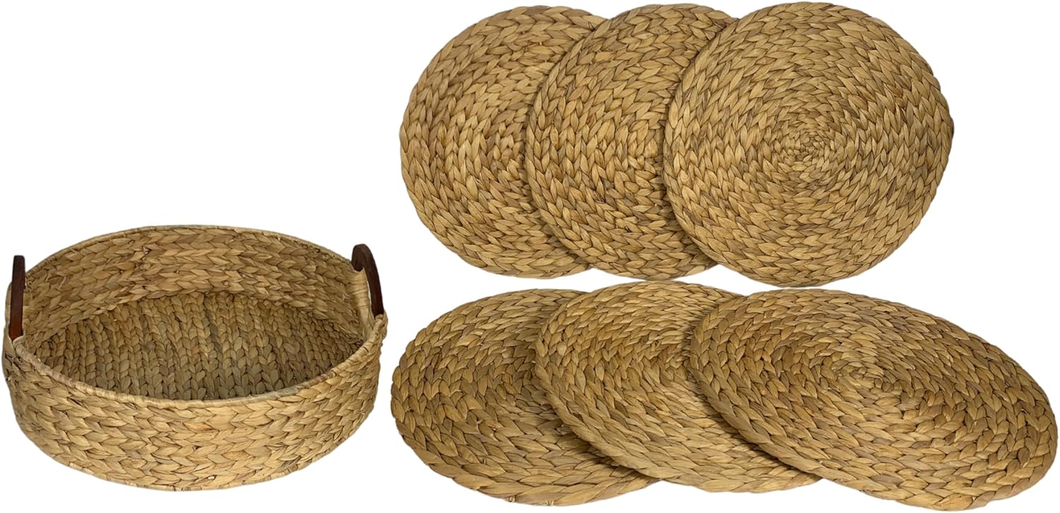 6pcs Round, Wicker placemats Set with Wooden Handles in a Holder, Natural, Handmade in Vietnam, for Dining Table, Made from Water Hyacinth, 14 inch.