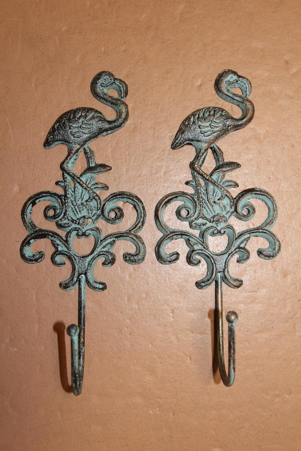 2 - Flamingo Wall Hook, Bronzed Antiqued Green, Ornate Decorative Design, 3.5" x 9", N-17