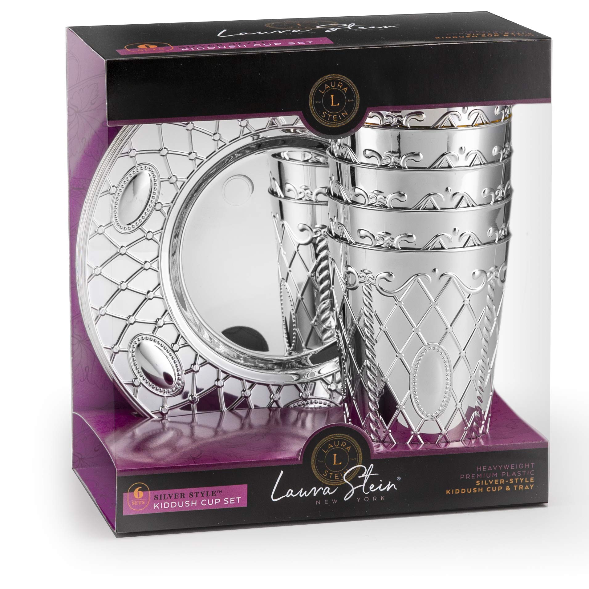 Laura Stein [6 Pack] Premium Designed Disposable, Silver-like, Plastic Silver Kiddush Wine Drinking Cup With Matching Tray For Wedding, Passover, Shabbat, Havdalah, Or Kids.