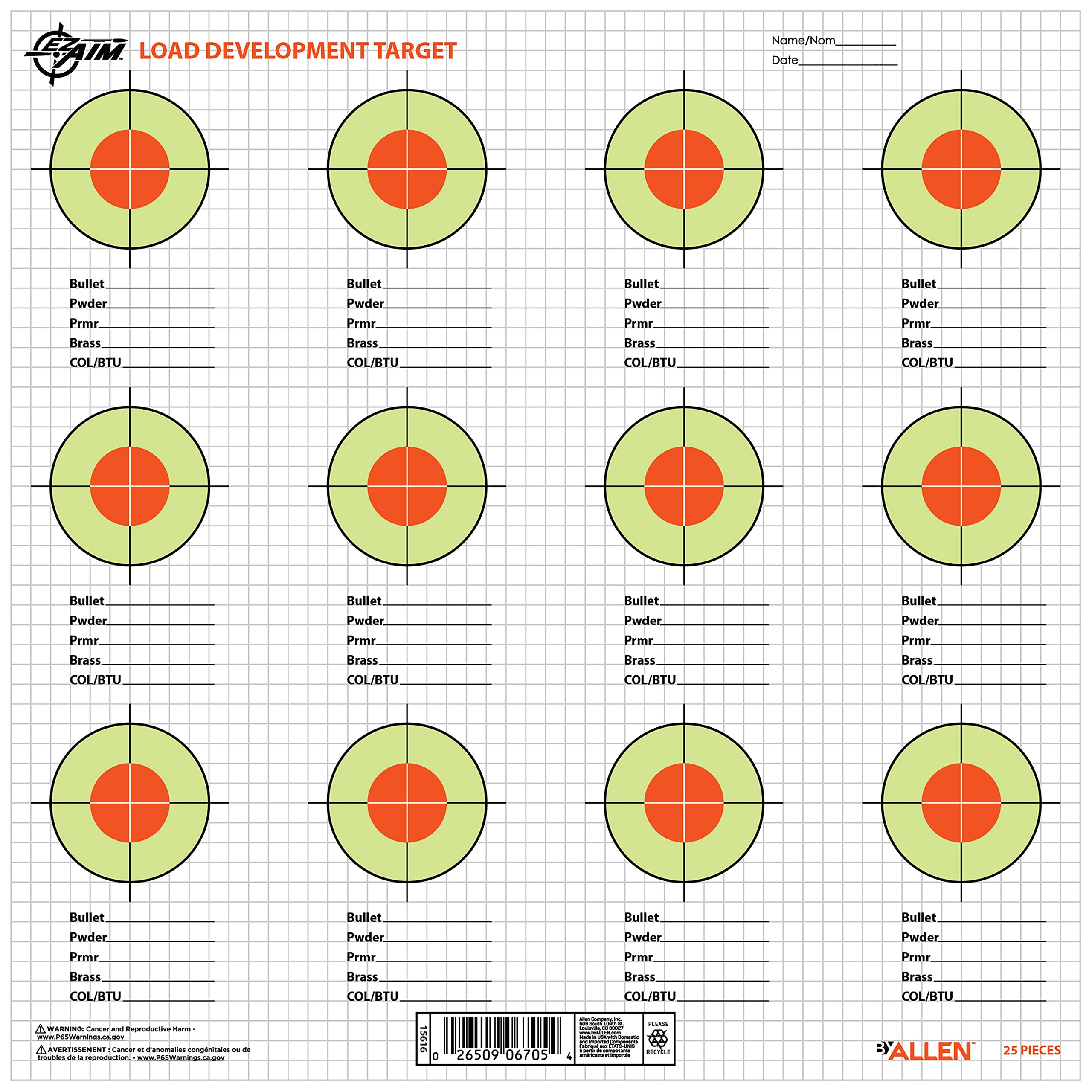 Allen CompanyEZ Aim Load Development Paper Shooting Targets, 13.5" Square, 25-Pack, Black