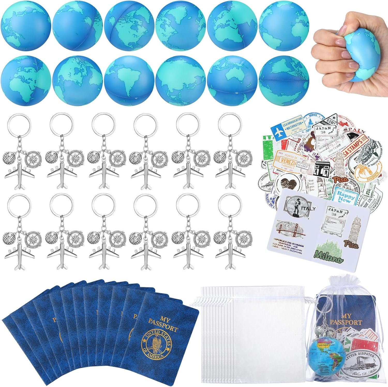 Maitys 144 Pcs Travel Party Earth Stress Balls, Airplane Keychain, Passport Book with Assorted Travel Stickers for Scrapbooks, Organza Bags for Adults Adventure Theme Party Supplies