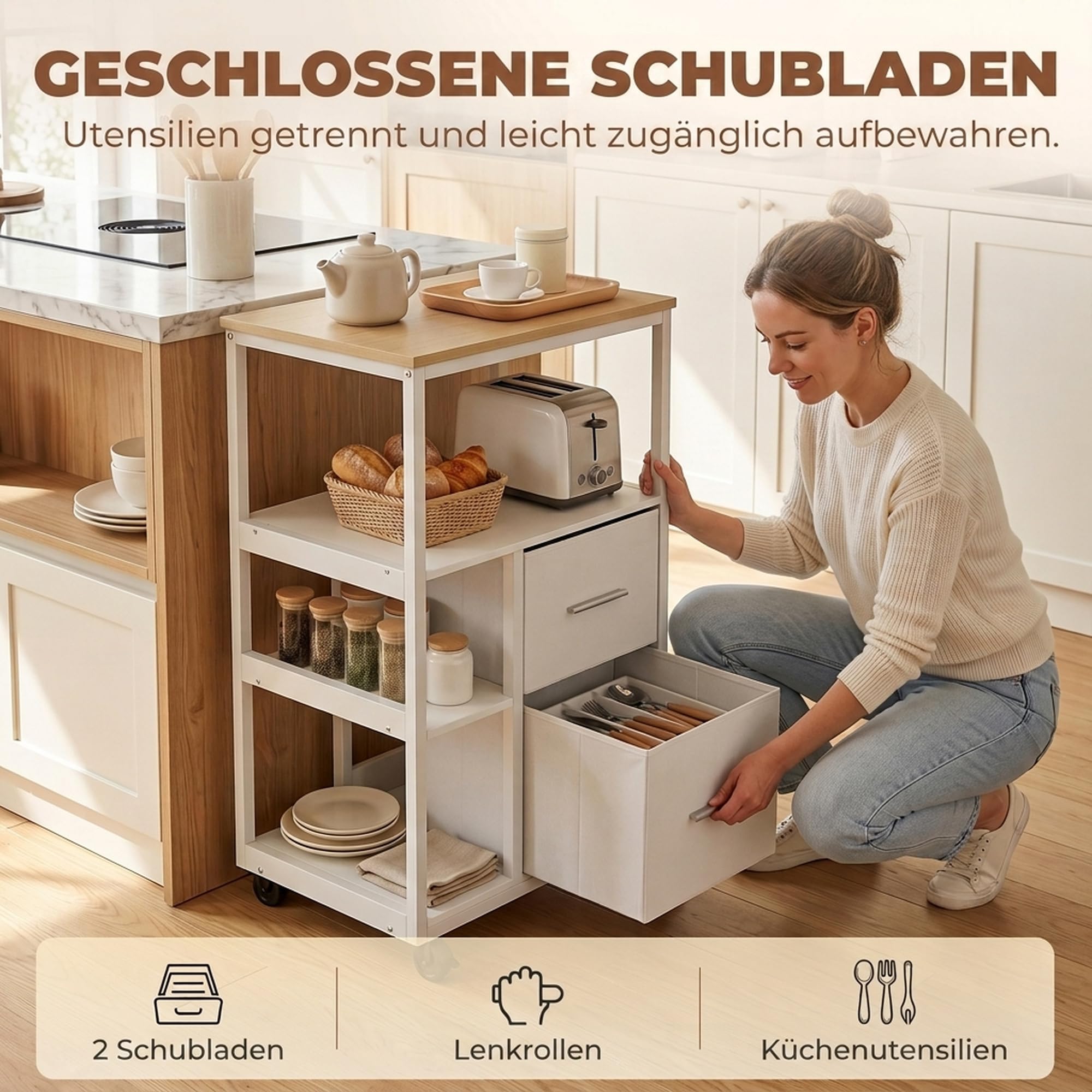 HOMCOM Küchenwagen mit Rollen, Arbeitsplatte, Weiß, 53 x 37 x 89 cm