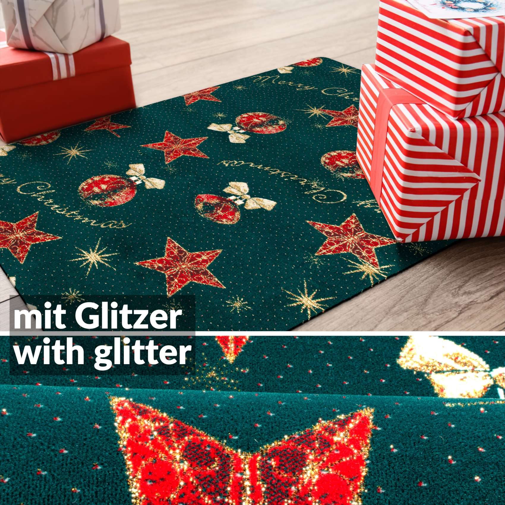 ANRO Alfombra de pasillo de Navidad, Alfombra Puerta, Antideslizante, Venta por Metros, con Purpurina, Verde Merry Christmas, 80 x 120 cm