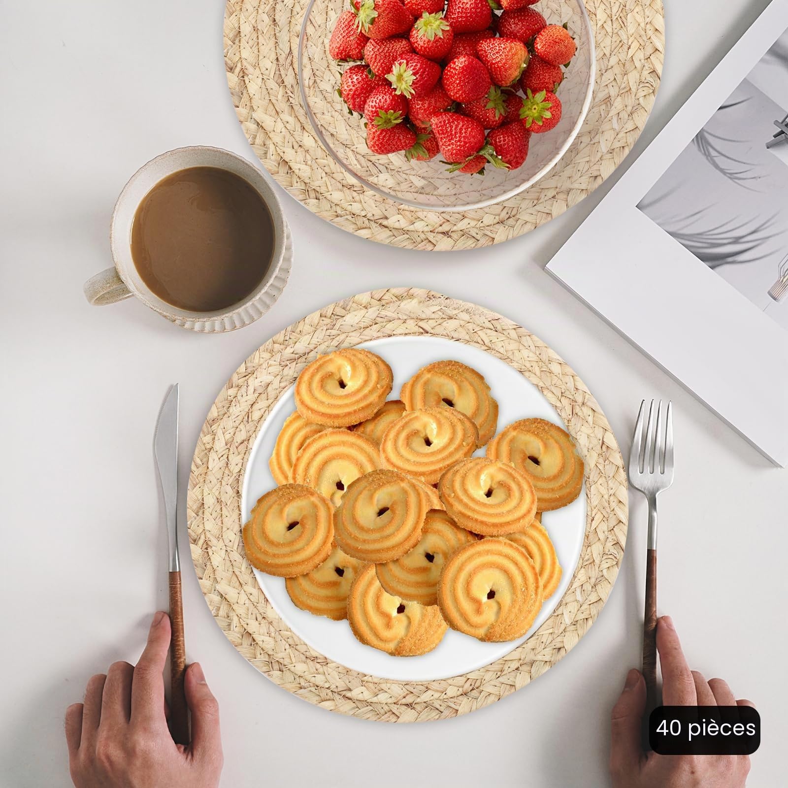 Lot de 40 sets de table ronds, style bohème naturel, 30 cm, tressés en spirale, inserts gastronomiques dans les restaurants et nappes (couleur naturelle, 40 pièces)