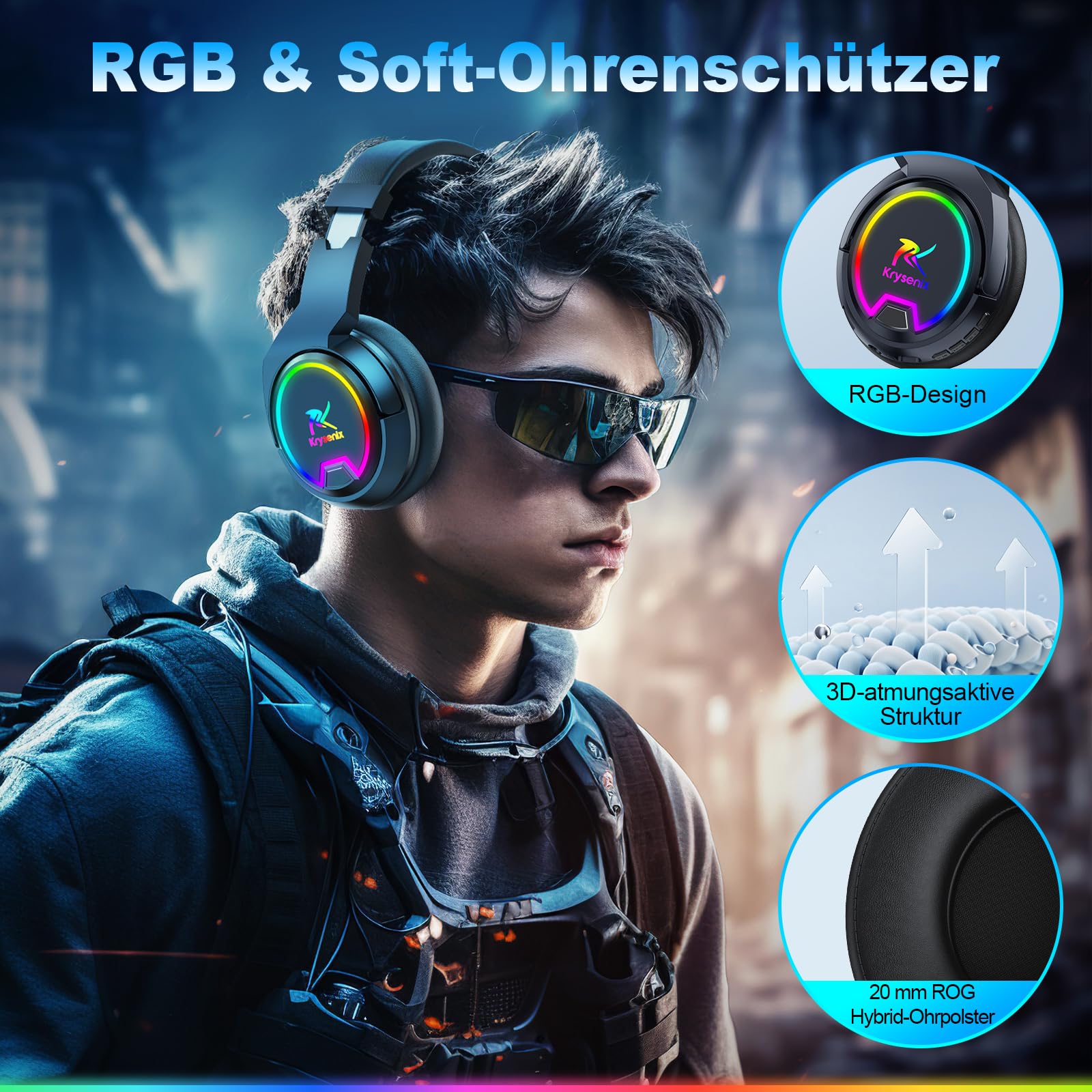 Krysenix PG4 2.4GHz Gaming Headset Wireless für PS4, PS5, PC, Mac, Switch, 48H Gaming Headset mit Noise Cancelling Mikrofon, Kabelloses Bluetooth Headset mit LED-Lichtern, Surround Sound, Rußschwarz