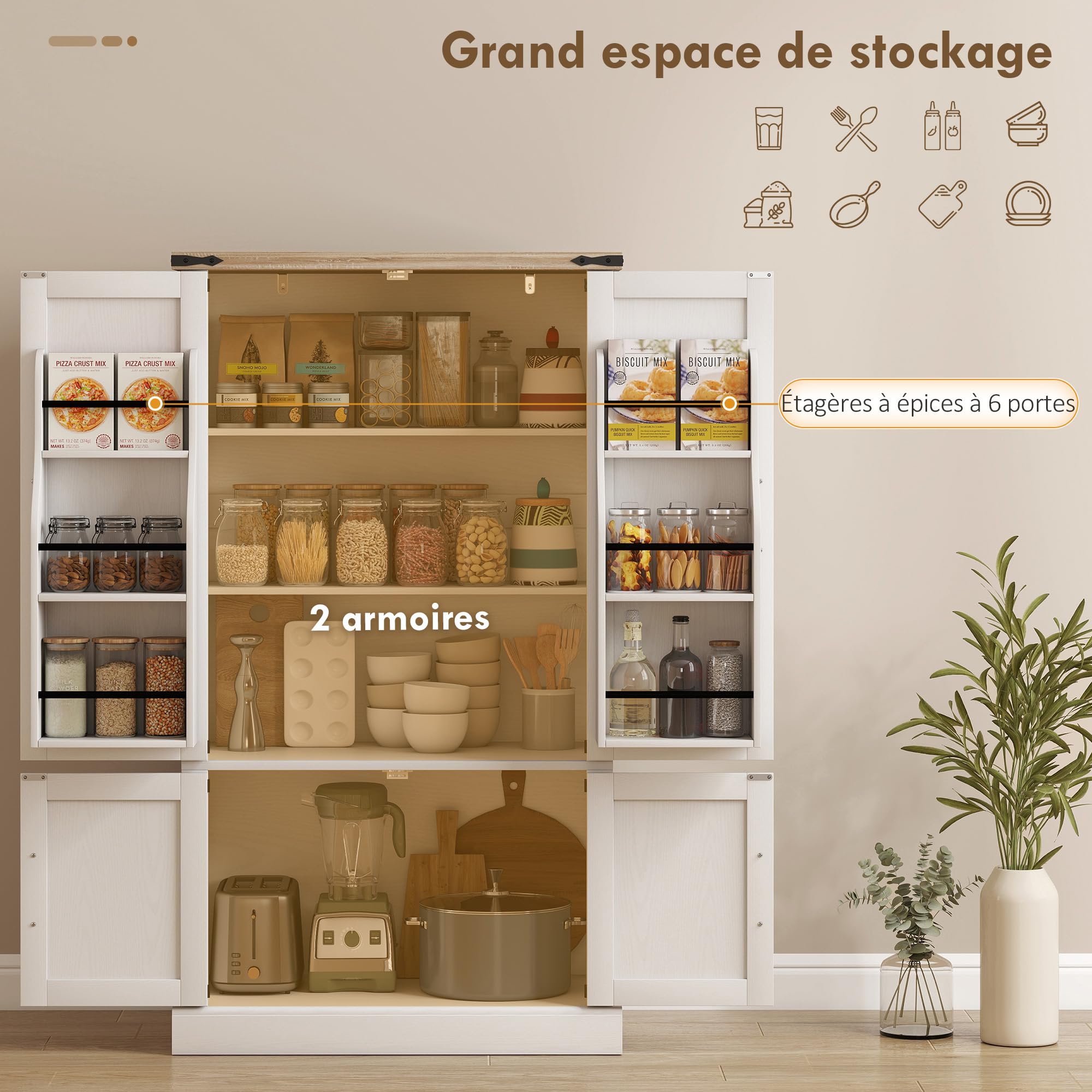 HOMCOM Credenza da cucina, mobile da cucina, mobile per porcellane, 4 ante, 6 portaspezie e ripiani regolabili, stile rustico, mobile contenitore per soggiorno, sala da pranzo, 76,3 x 40 x 136 cm,