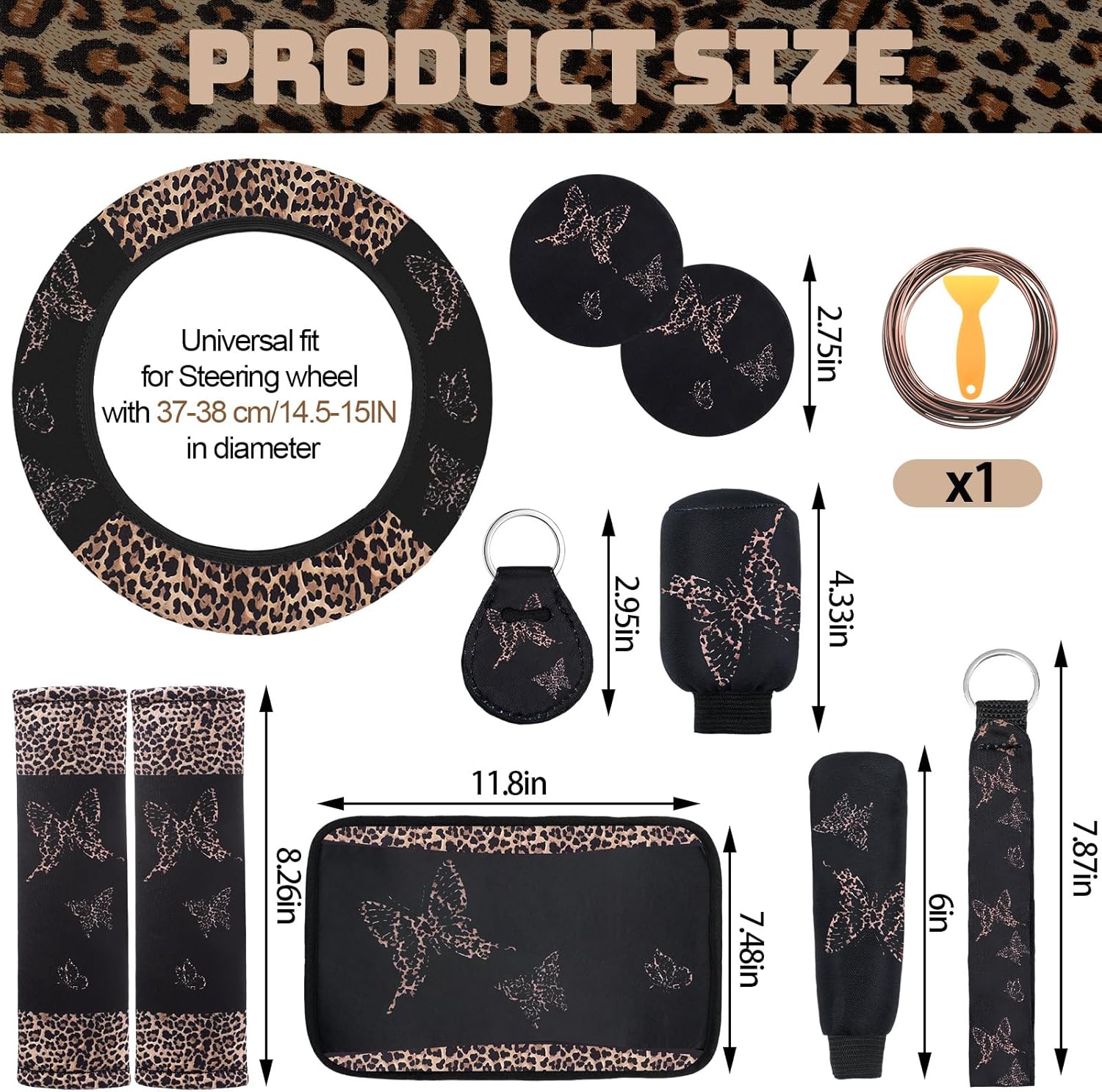 BBTO 43 Pcs Butterfly Car Seat Full Set Butterfly Car Accessories for Women 5 Front Rear Seat Covers Wrist Strap 2 Pcs Cup Mat Armrest Pad 2 Belt Xmas Cover Accessories for SUV(Brown Leopard Print) - Image 6
