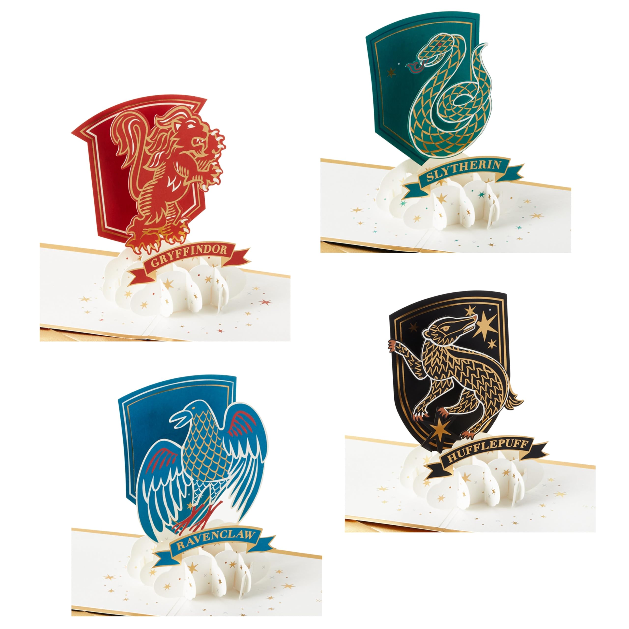 Hallmark Pack of 4 Harry Potter 3D & Pop Up Greeting Cards, Multipack, Hogwarts House Crests, Gryffindor, Slytherin, Ravenclaw, Hufflepuff