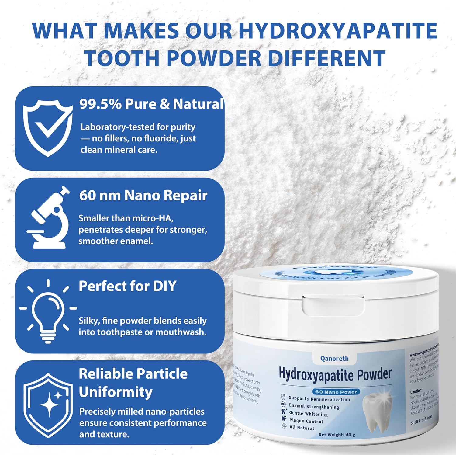 99.5% Pure Nano Hydroxyapatite Powder for DIY Toothpaste & Mouthwash–Hydroxyapatite Powder for Deep Enamel Remineralization, Sensitivity Relief & Natural Teeth Whitening–High-Purity, Fluoride-Free,40g - Image 4
