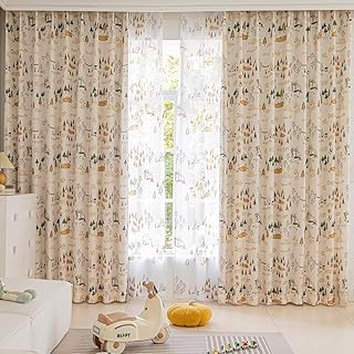 クモリ(Kumori) ディズニー カーテン 4枚セット くまのプーさん 自然光を取り入れる 非遮光 カーテンセット 薄手 スッキリと目覚め UVカット 遮像 遮熱 洗濯可能 おしゃれ 寝室 リビング アジャスター フック付き Disney キャラクター プー pooh フォレスト柄(幅100cm×丈200cm・厚地2枚&レース2枚・アイボリー)