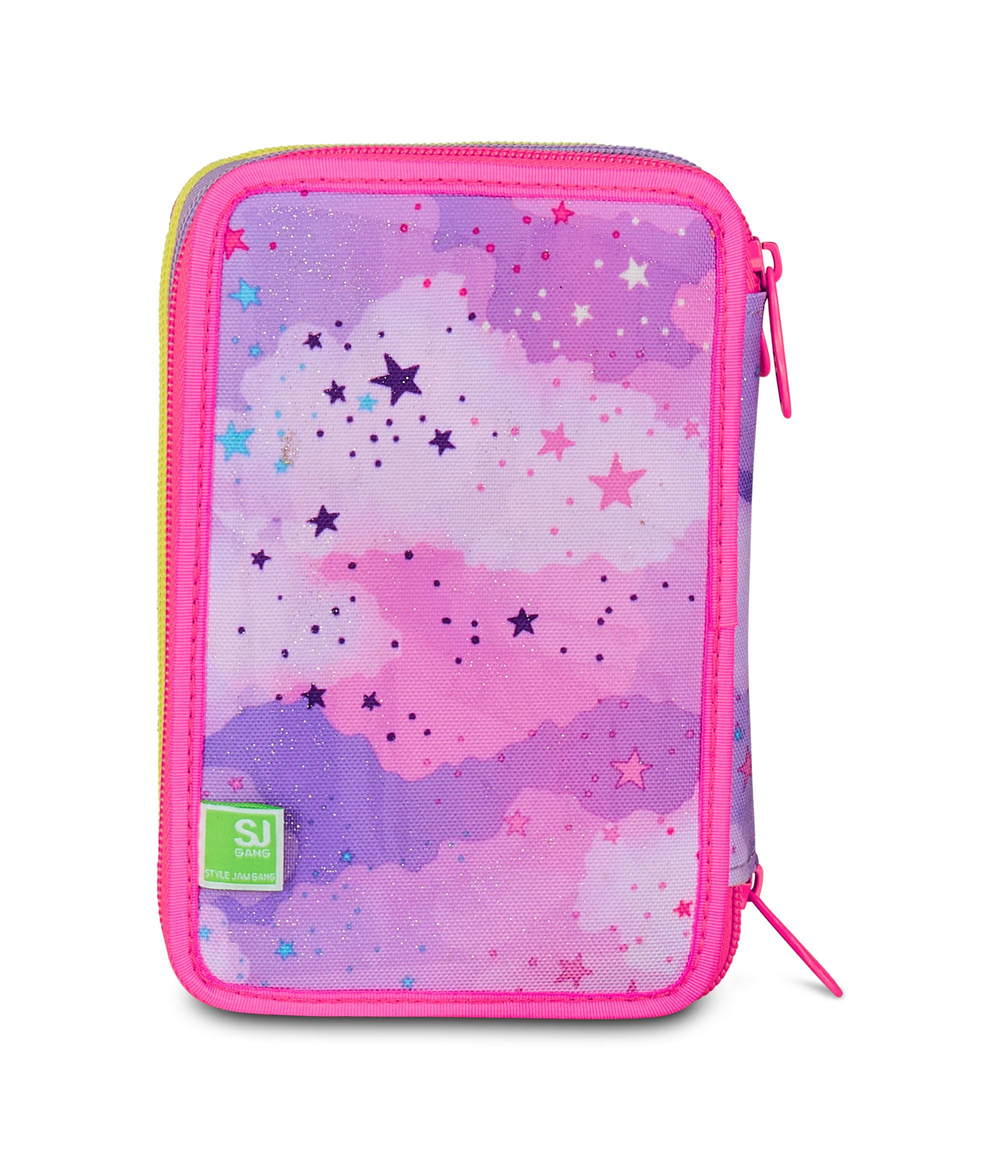 SJ GANG STYLE JAM GANG Astuccio Scuola 3 Zip Fable Journey, Rosa, Portapenne Triplo Scomparto Completo Di Penne, Matite, Colori, Accessori Zaino, Scuola Elementare, Bambina