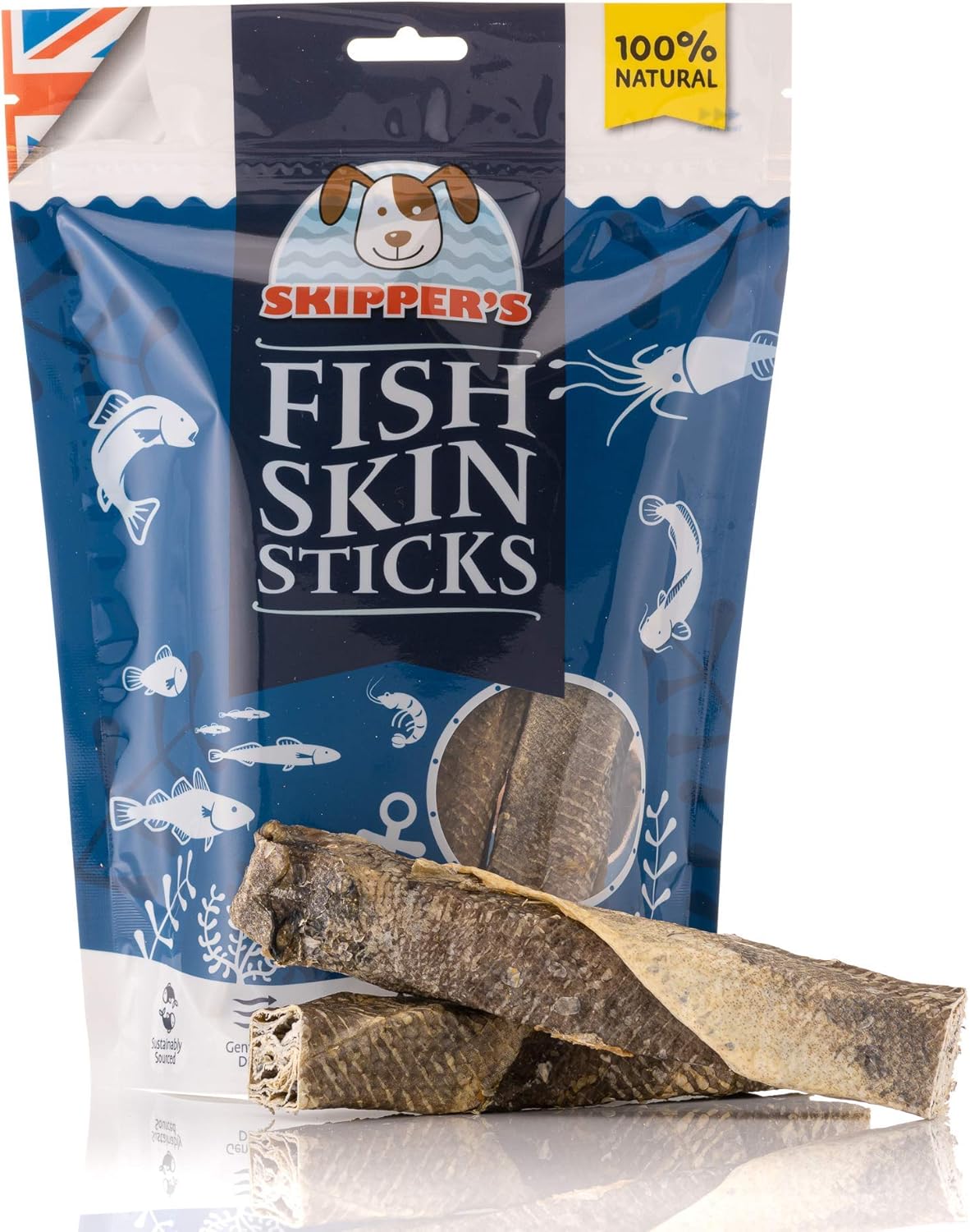 SKIPPER'S Fish Skin Dental Sticks Natural Dog Dried Treats, Low in
