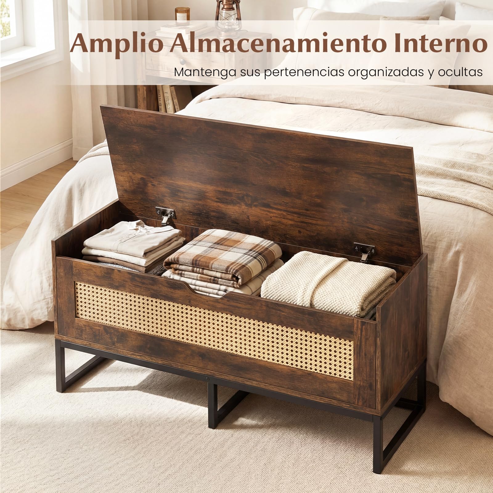 COSTWAY Puff Almacenaje de Ratán,100 x 35 x 44 cm, Banco para Zapatos de Mimbre con Asiento Acolchado, Banco Almacenaje con 2 Bisagras de Seguridad, Soporta 200 kg, para Dormitorio (Marrón Rústico)