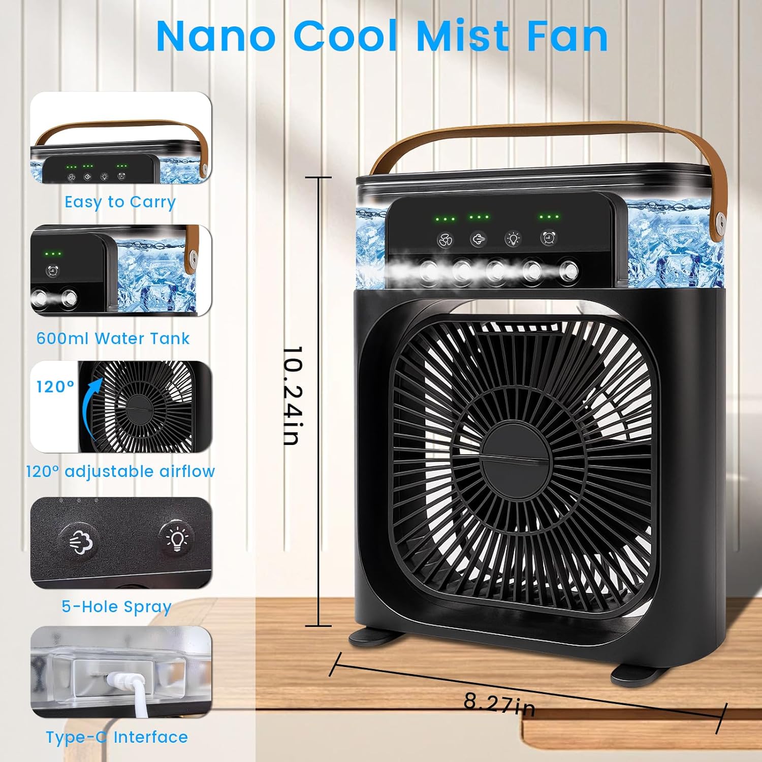 Portable Air Conditioner Fan, Mini Evaporative Air Cooler with 5 Spray Nozzles,3 Wind Speeds,3 Timers, 7 Colors LED Light,600ML Personal AC Unit Fan for Bedroom Office Camping（Black）