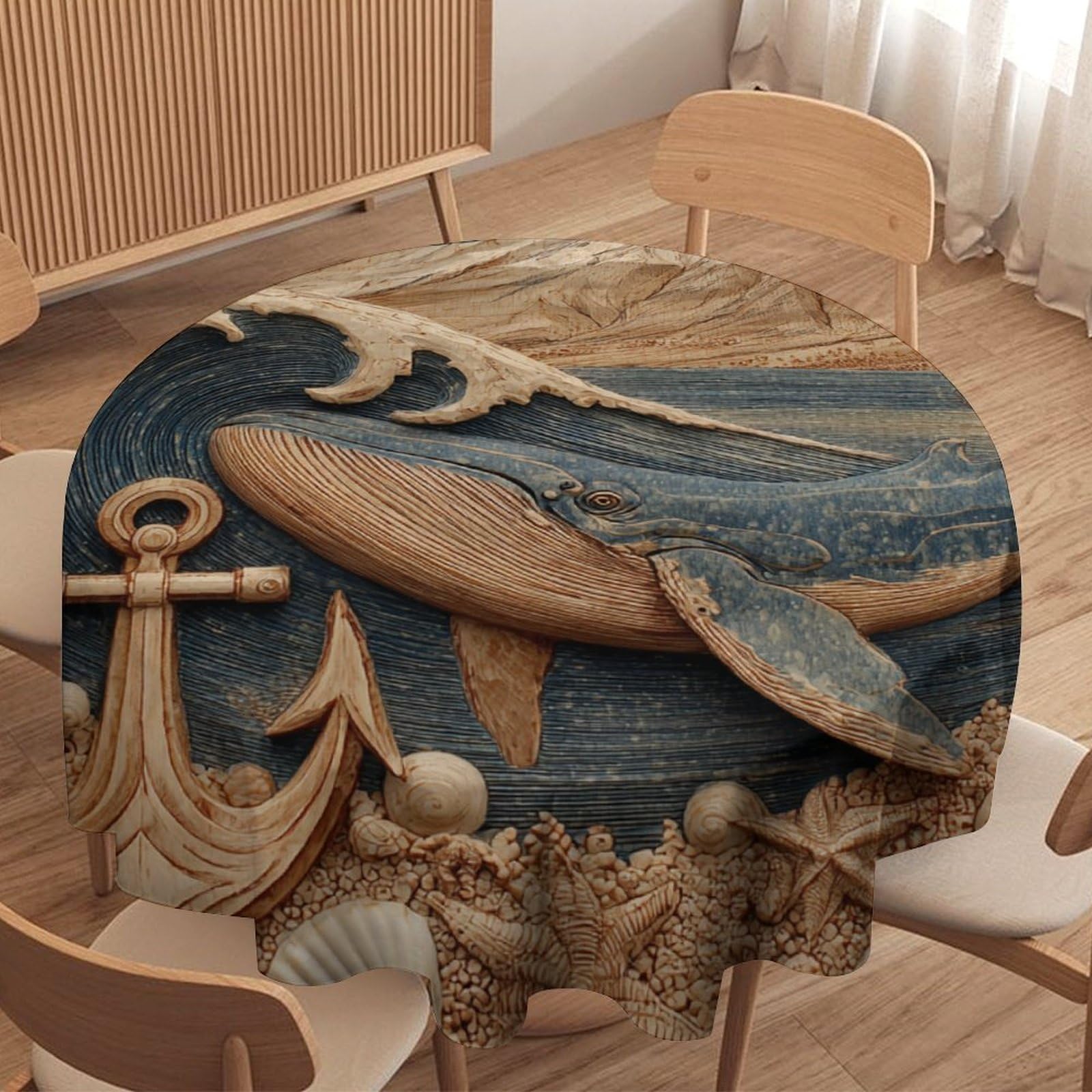 LUYYSKY Abstract Aesthetic Fish Whale Waterproof Round Tablecloth Rustic Nautical Wooden Board Sea Animals Whale Ship Anchor Washable Table Cover for Kitchen-177.8" Wx177.8 L cm