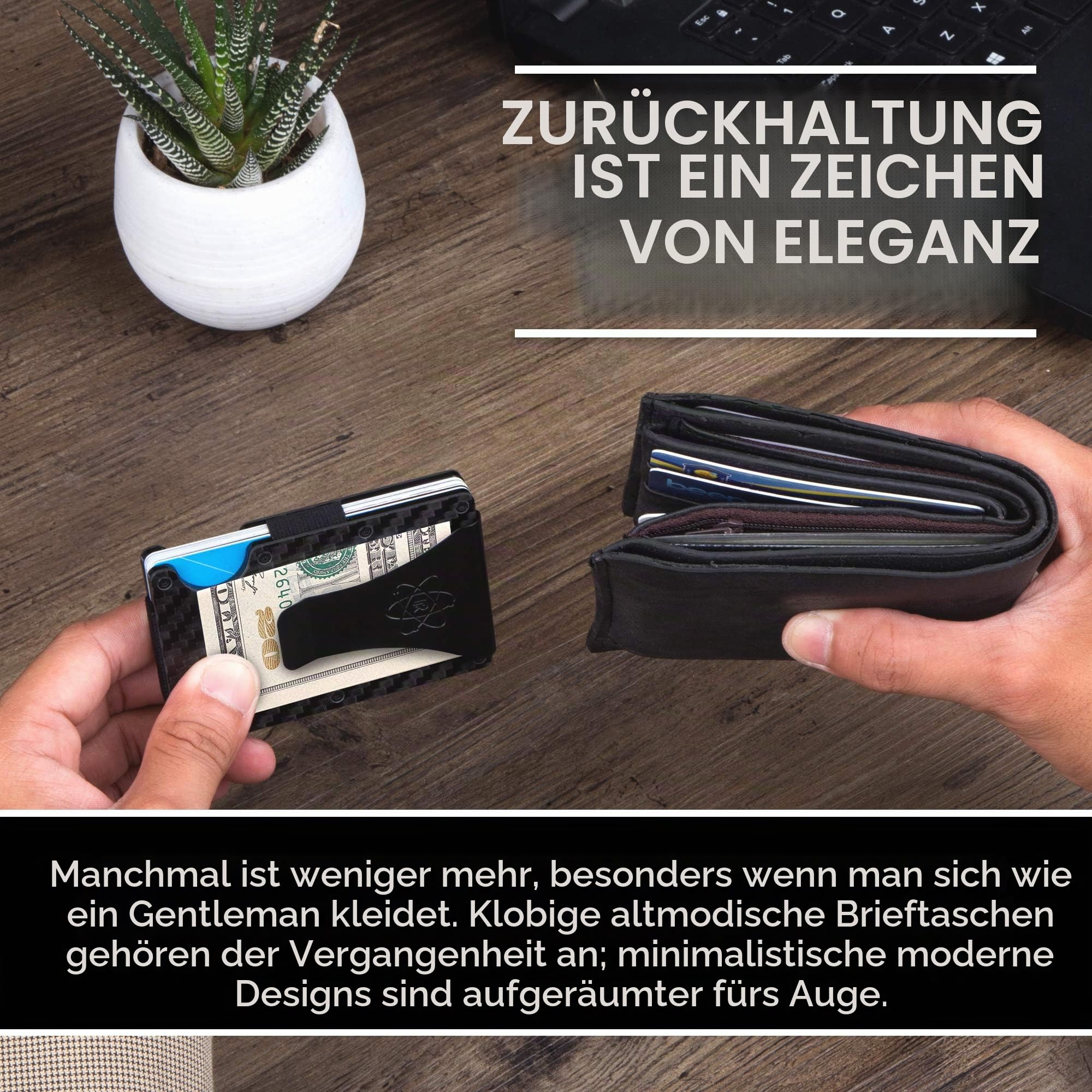 ROSSM Geldbörse Herren mit RFID-Schutz - Kartenetui Herren aus Kohlefaser und Metall mit Geldklammer und Gummiband - RFID Geldbeutel Herren- Slim Wallet for Men