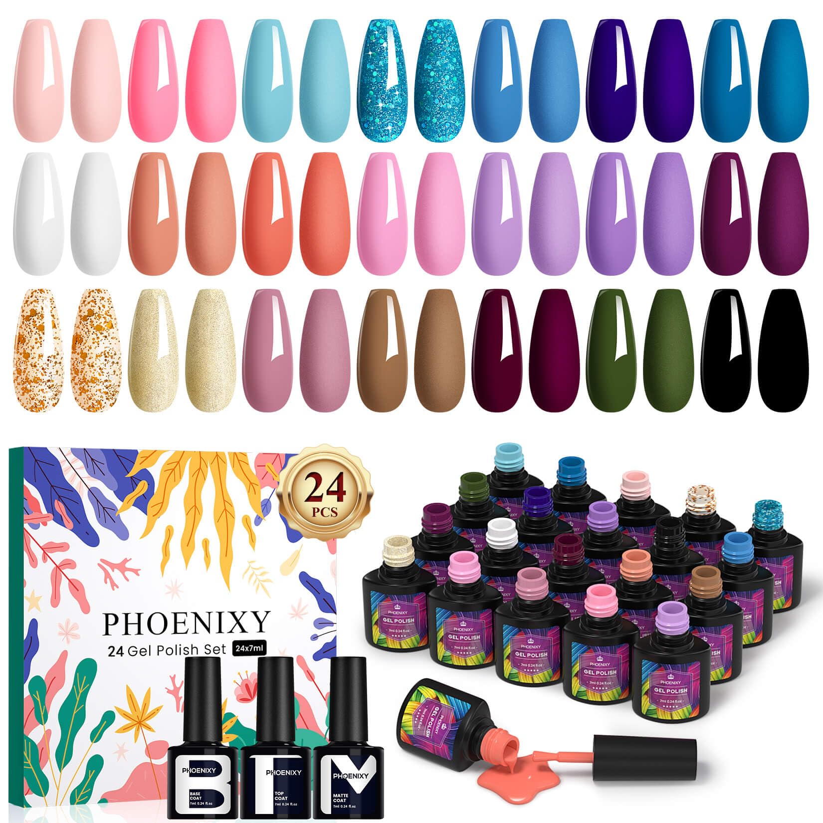 Phoenixy UV Nagellack, 24 Stück UV Nagellack Set mit Base Top Matt Coat, Rosa Blau 21 Farben Gel Nägel Set für Frauen Salon Design zu Hause