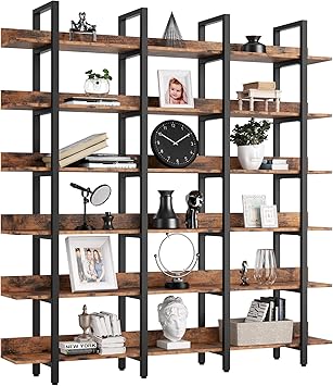 IRONCK Bookcase and Bookshelves Triple Wide 6 Tiers Large Open Shelves, Etagere Bookcases with Back Fence for Home Office Decor, Easy Assembly, Vintage Brown