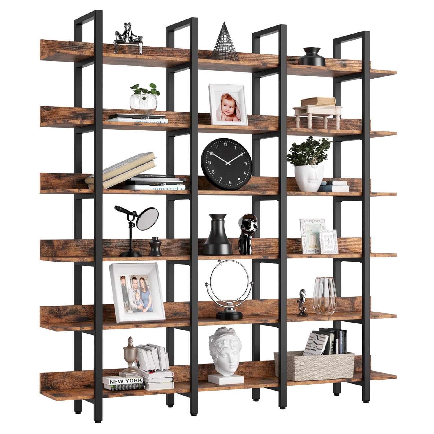 IRONCK Bookcase and Bookshelves Triple Wide 6 Tiers Large Open Shelves Etagere Bookcases with Back Fence for Home