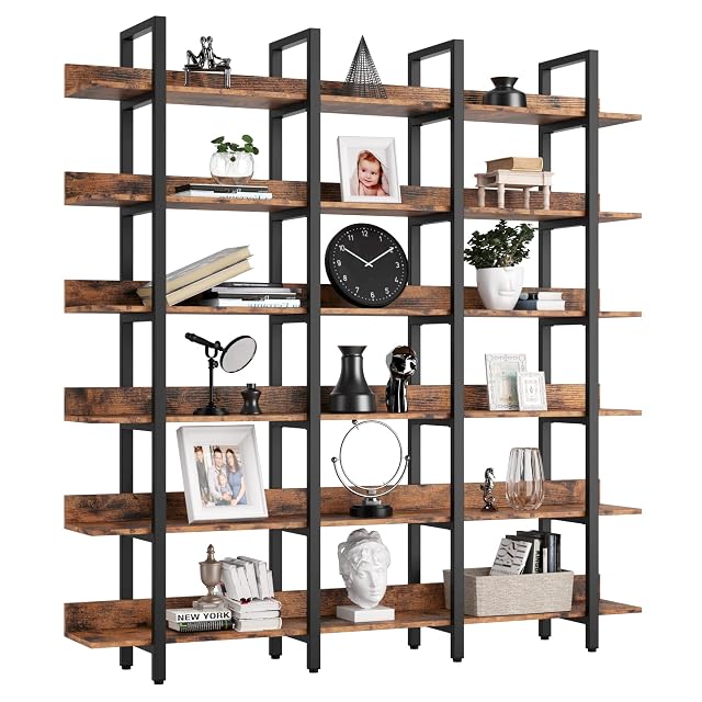 IRONCK Bookcase and Bookshelves Triple Wide 6 Tiers Large Open Shelves Etagere Bookcases with Back Fence for Home