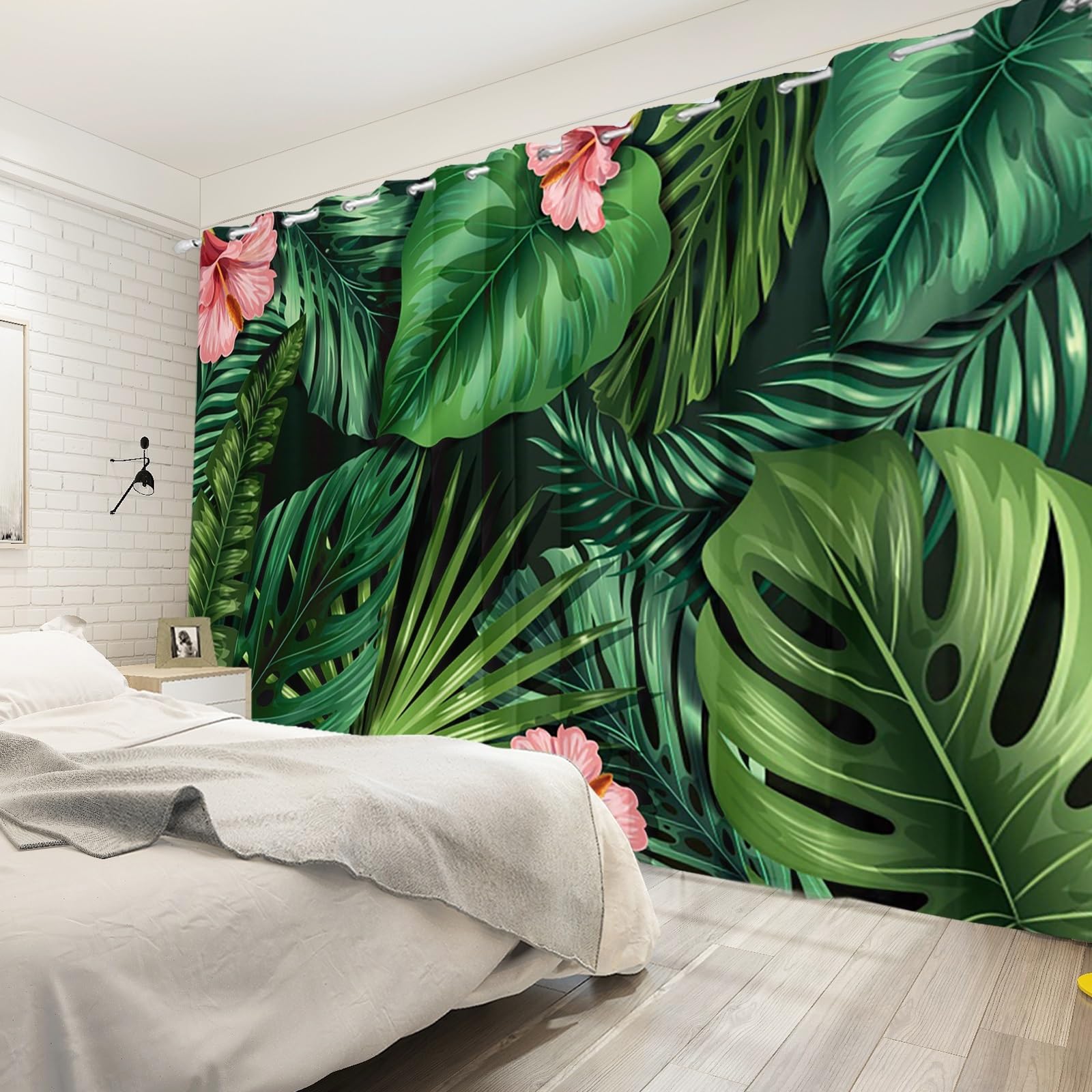 107x160cm Rideaux à œillets Feuilles Tropicales Feuilles de Palmier Vertes Fleur Rose Impression Rideaux isolants Thermiques occultants pour Chambre Salon Salle à Manger,2 Panneau