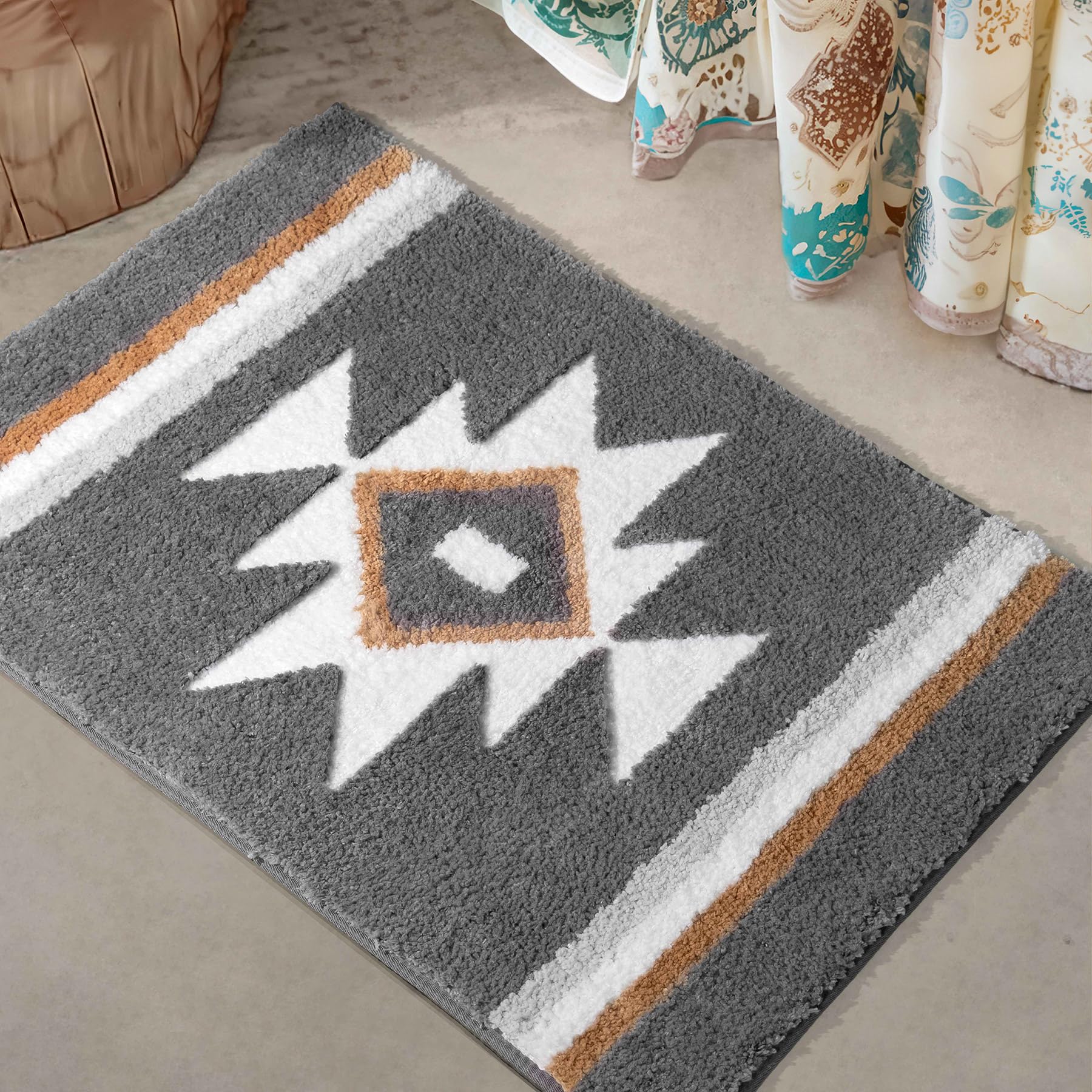 TANVILL Bathroom Rugs Grey Boho Bath Mat, Non Slip Absorbent Aztec Bath Rug Soft Washable Floor Mat for Bathroom Shower Tub Modern Decor, 18x24
