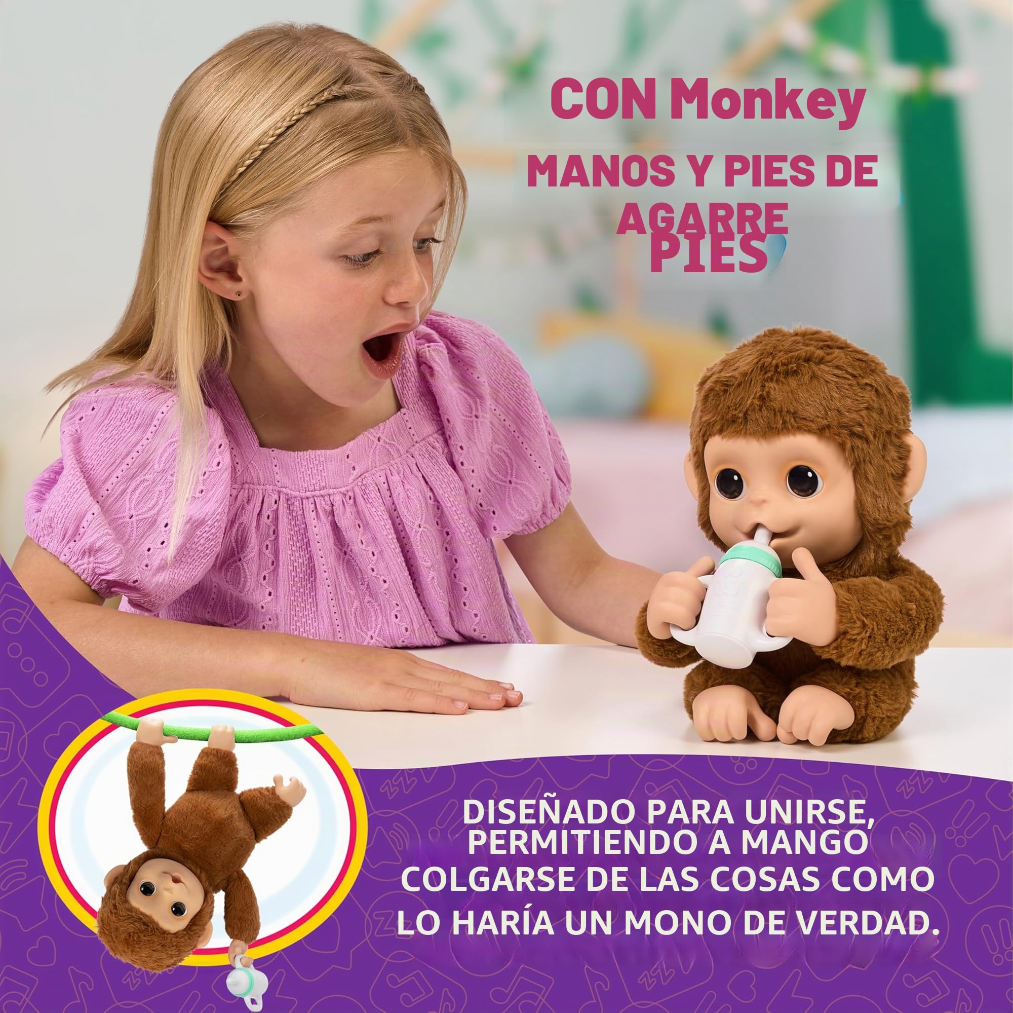 My Baby Monkey de Little Live Pets: Mono Mango con más de 50 Sonidos y reacciones. con su expresiva Boca móvil, Come y se Chupa el Dedo. Se cuelga de Las Manos y los pies, ¡como un Mono de Verdad!